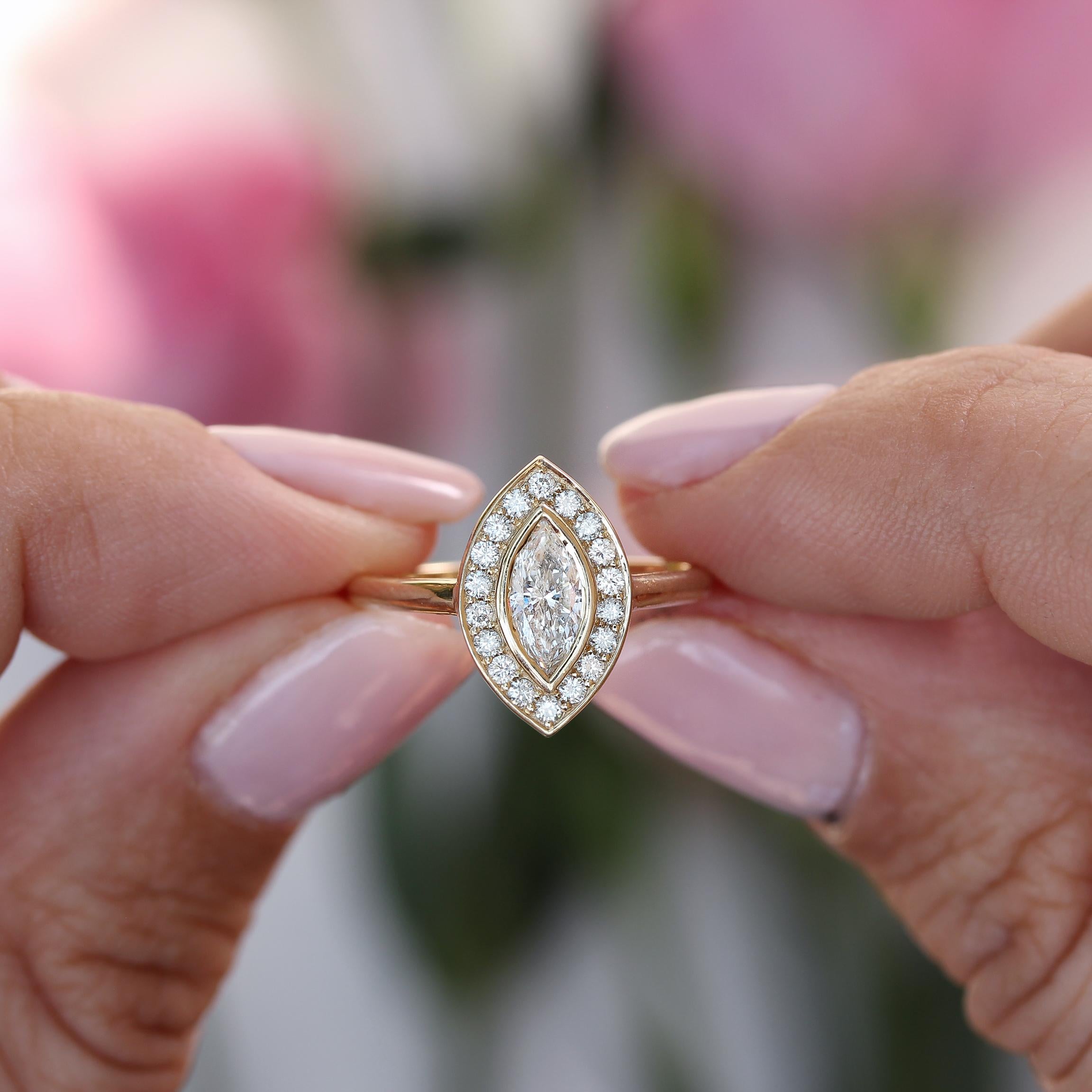 Art Deco Marquise Moissanite, Diamond Halo Bezel Set Unique, Elegant Engagement Ring, Ola For Sale
