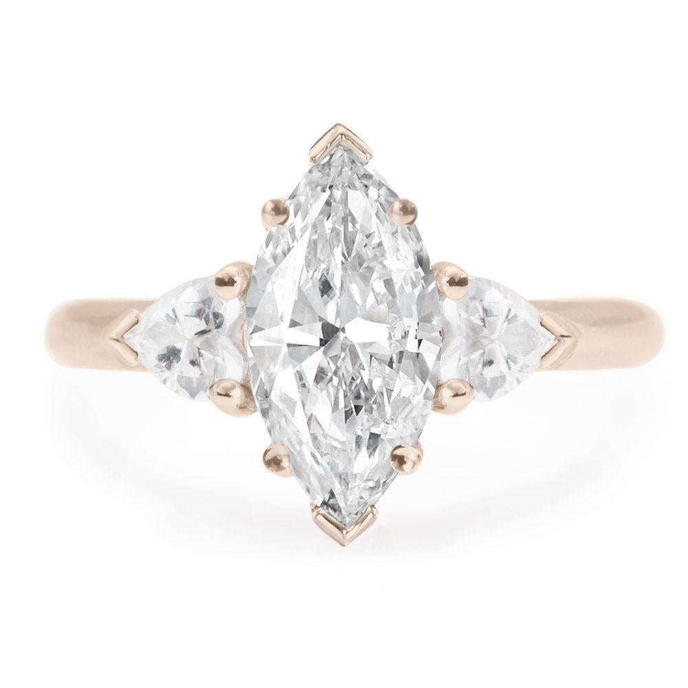 Contemporary Marquise Moissanite & Heart Diamonds Three Stone Unique Engagement Ring  For Sale