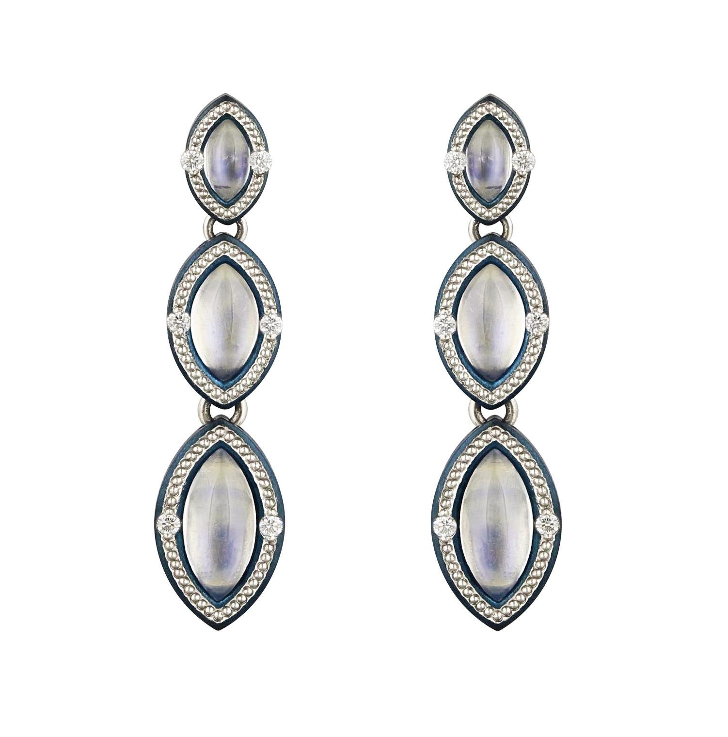 Marquise Moonstone Drop Earrings in Cobalt Blue Zirconium by Zoltan David In New Condition For Sale In Austin, TX