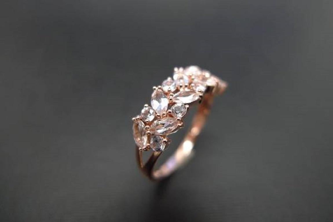 Marquise Cut Marquise Morganite and Round Morganite Wedding Ring Band in 18K Rose Gold For Sale