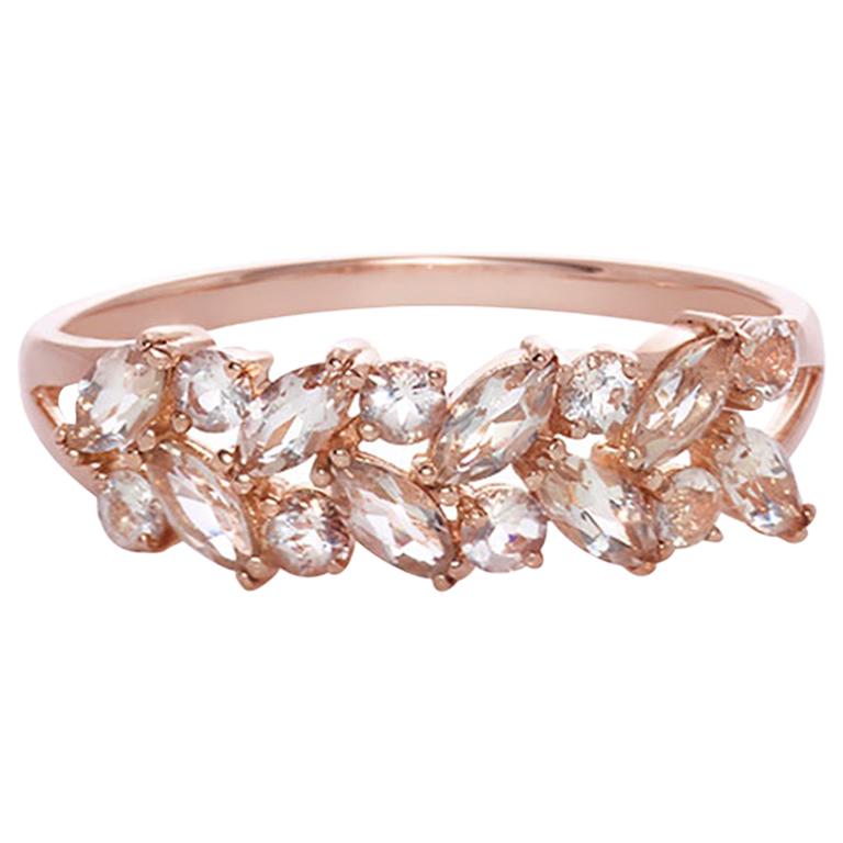Marquise Morganite and Round Morganite Wedding Ring Band in 18K Rose Gold For Sale