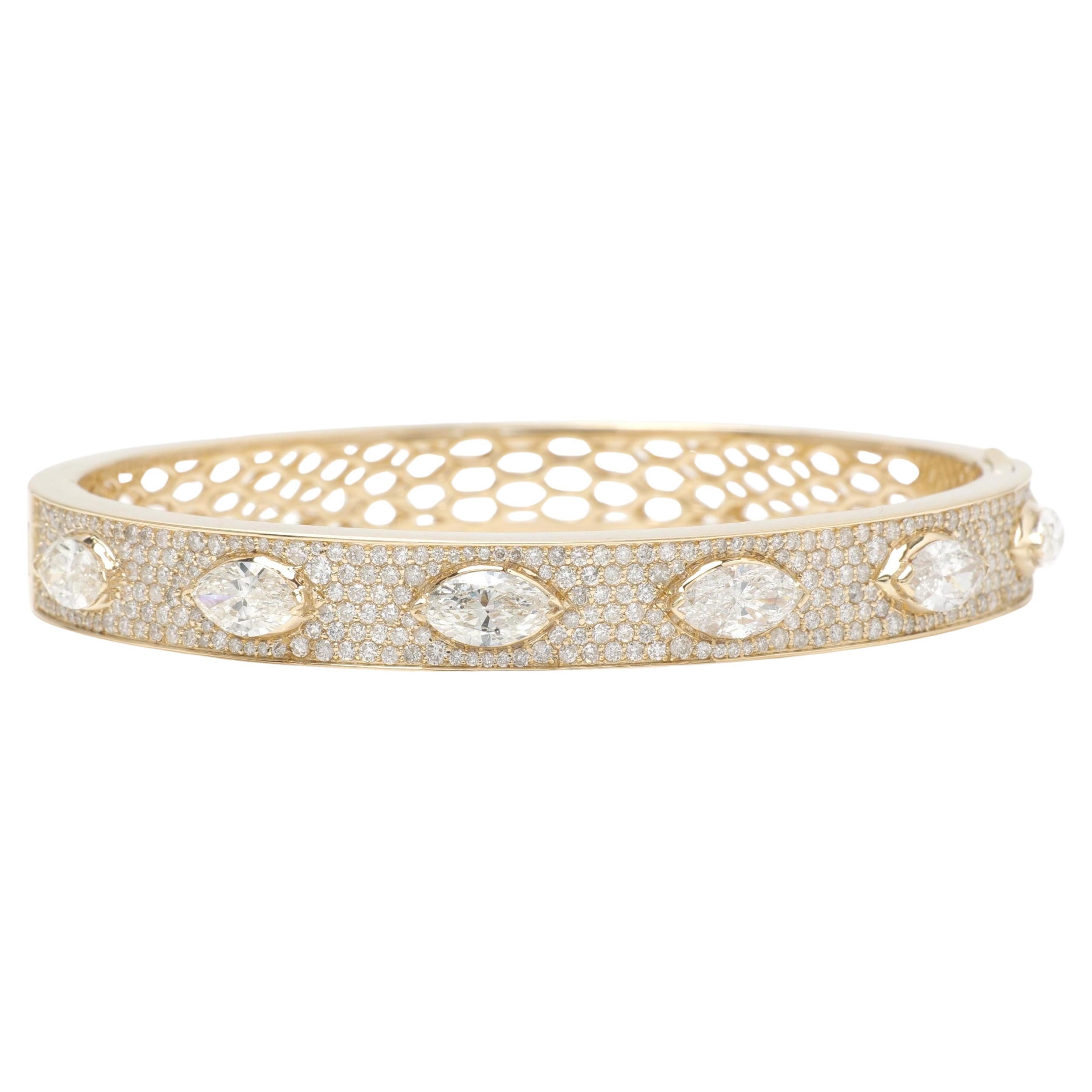 Marquise Natural Diamond Bangle Bracelet in 14K Solid Gold (Certified) For Sale