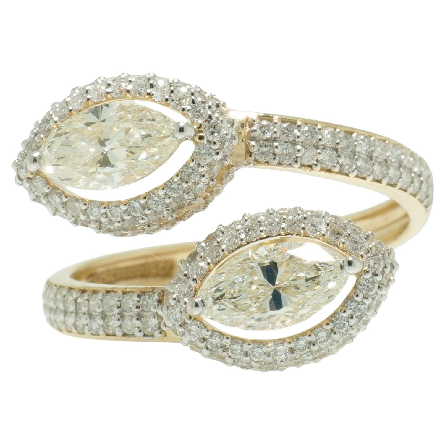 Marquise Natural Diamond Halo Bypass Ring in 14k Solid Gold (Certified)