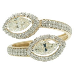Marquise Natural Diamond Halo Bypass Ring in 14k Solid Gold (Certified)