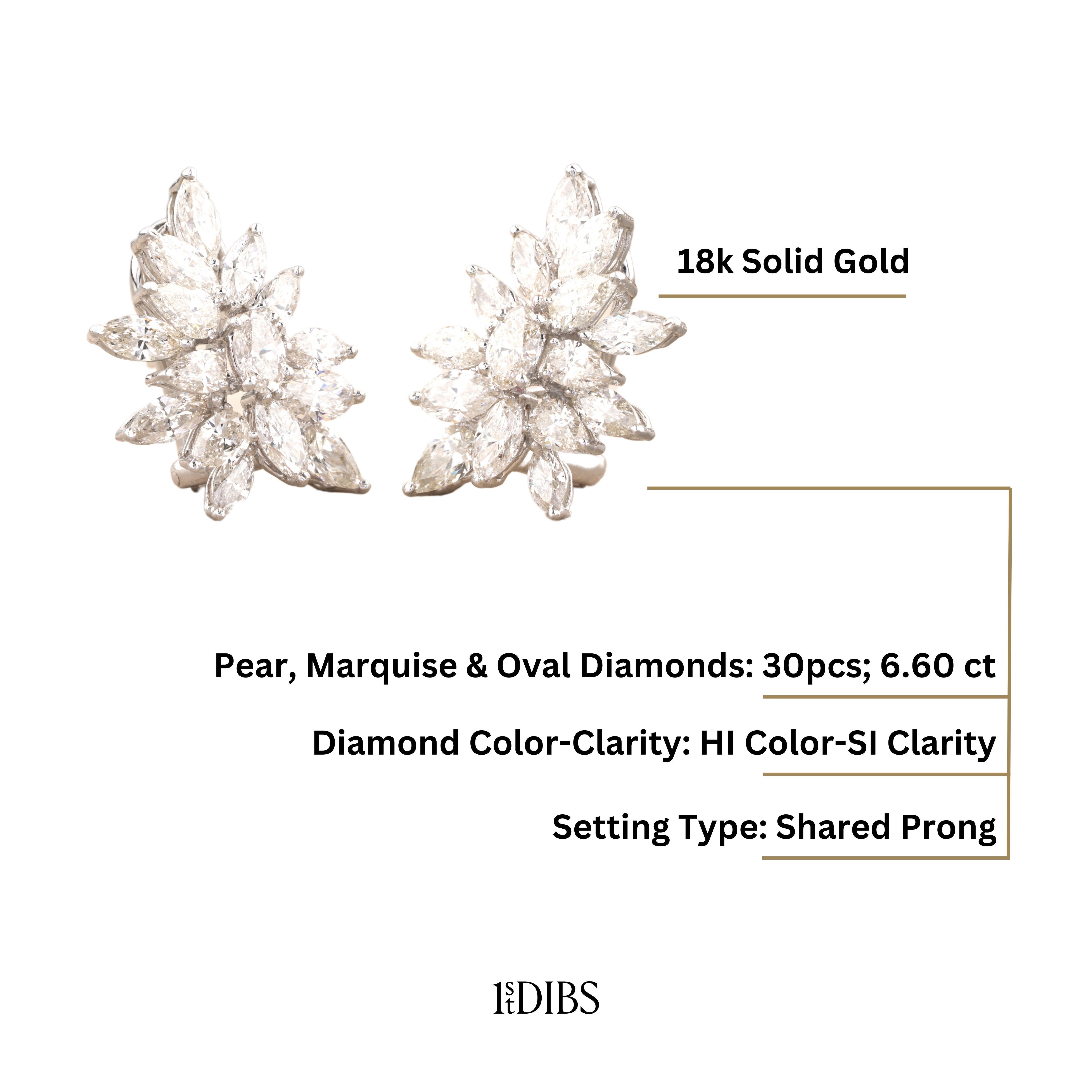 Marquise Natural Diamonds with Detachable Pearls Earrings in 18K Solid Gold For Sale 9