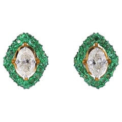 Marquise Natural Emerald & Diamond Halo Earrings in 14K Solid Gold (Certified)