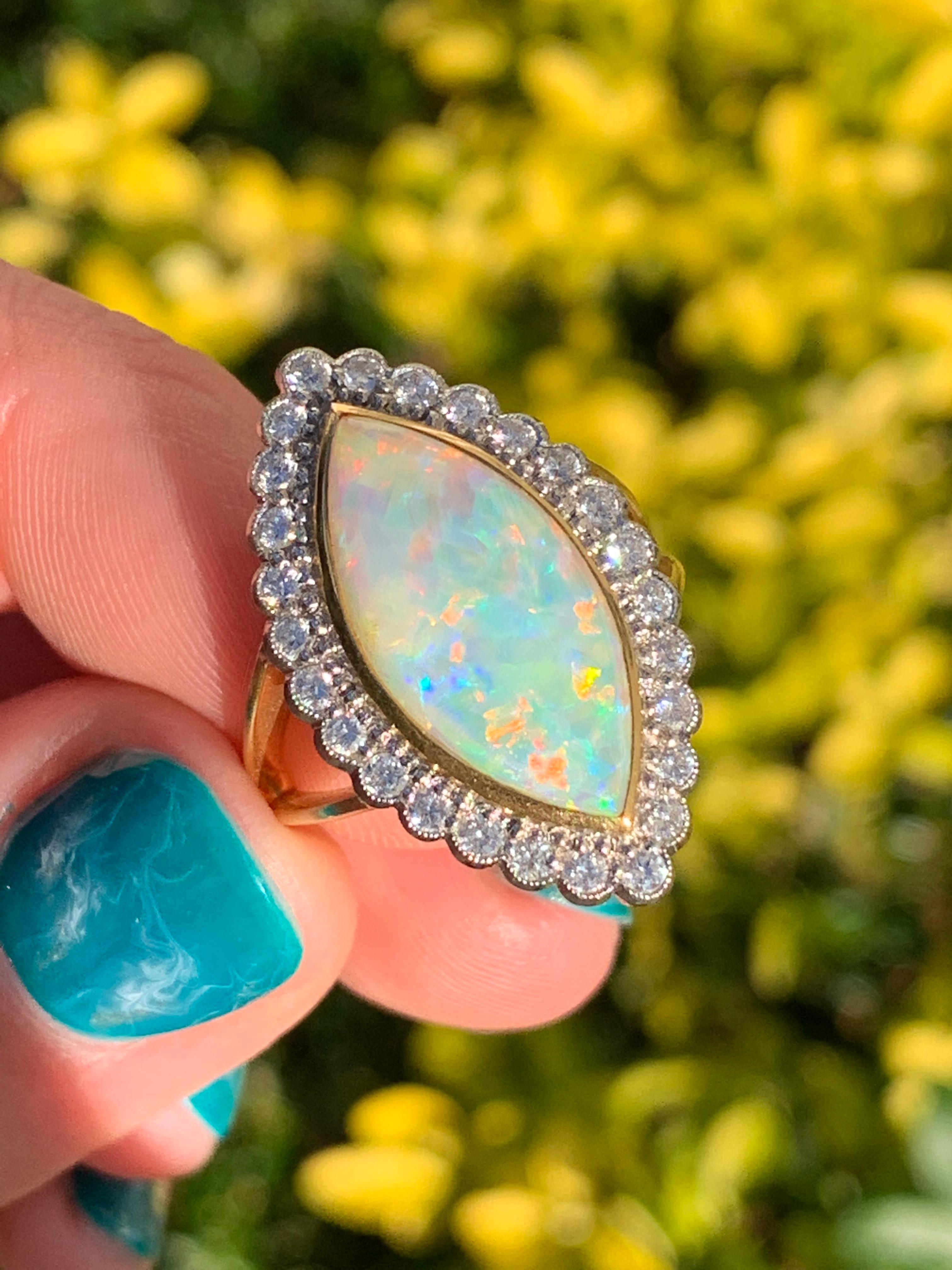 Marquise Opal and Diamond Cluster Ring 18 Karat Yellow and White Gold For Sale 3