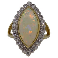 Marquise Opal and Diamond Cluster Ring 18 Karat Yellow and White Gold