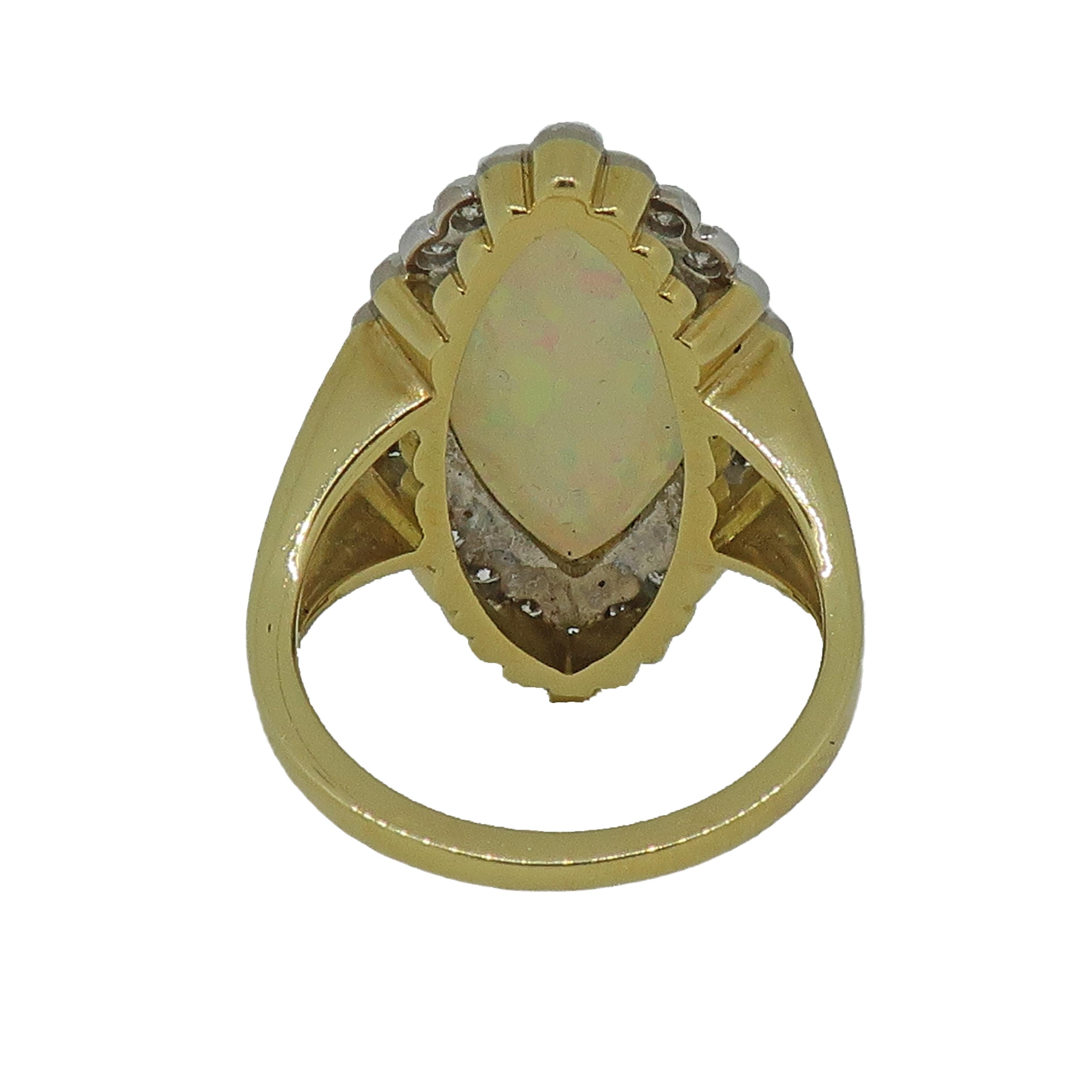 Art Deco Marquise Opal and Diamond Cluster Ring 18 Karat Yellow and White Gold For Sale
