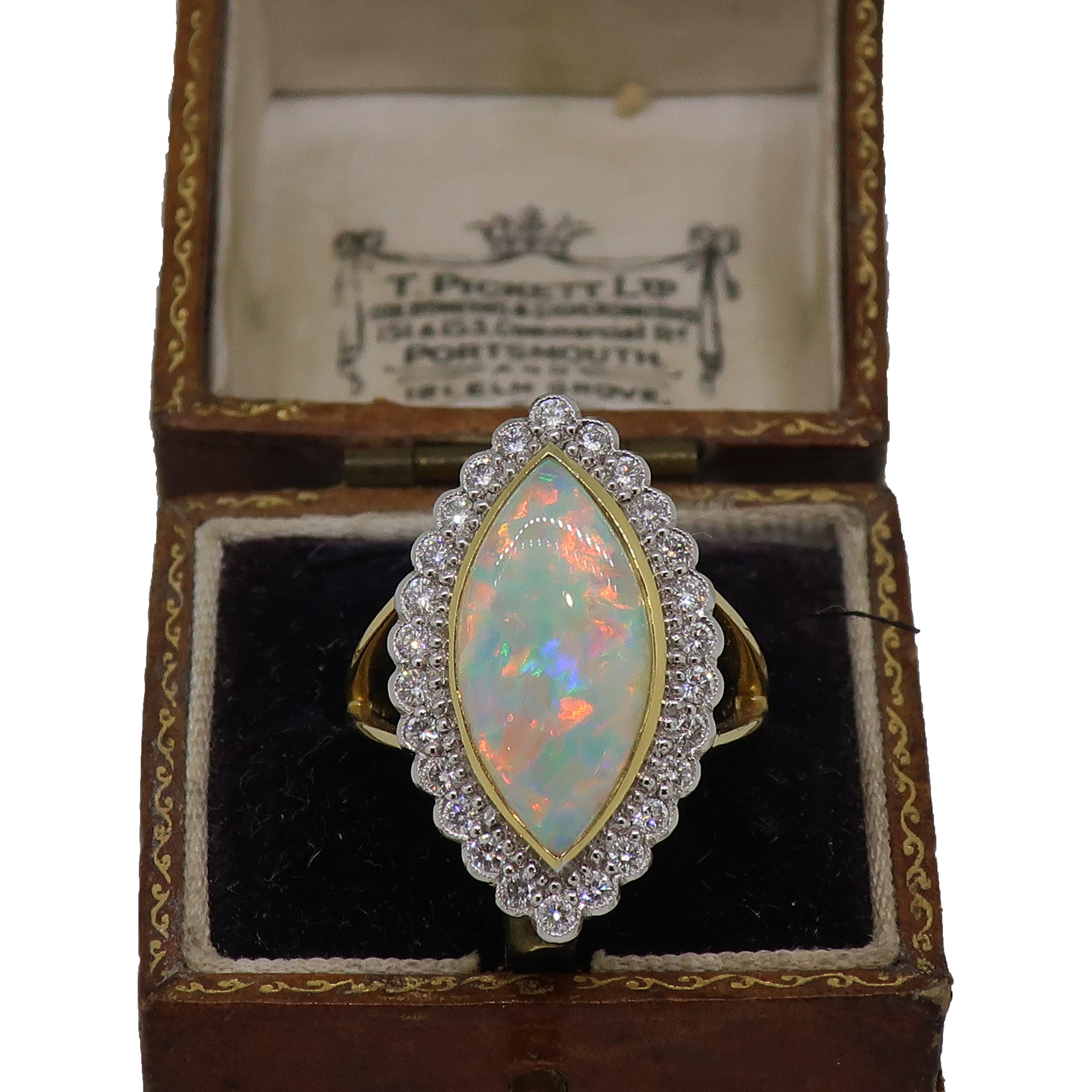 Women's Marquise Opal and Diamond Cluster Ring 18 Karat Yellow and White Gold For Sale