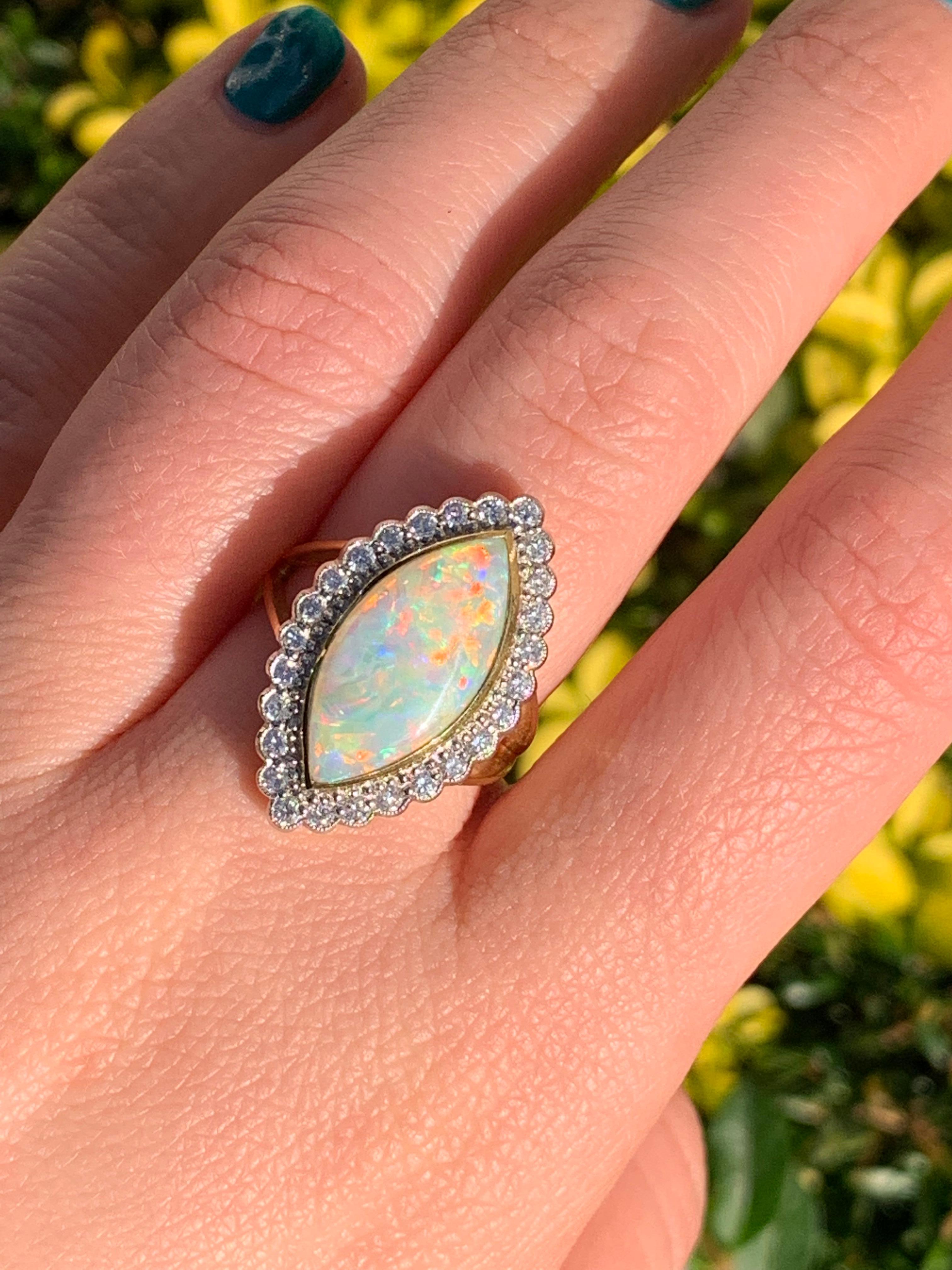 Marquise Opal and Diamond Cluster Ring 18 Karat Yellow and White Gold For Sale 1