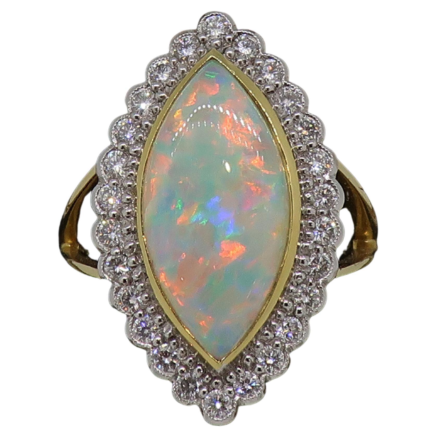 Marquise Opal and Diamond Cluster Ring 18 Karat Yellow and White Gold For Sale
