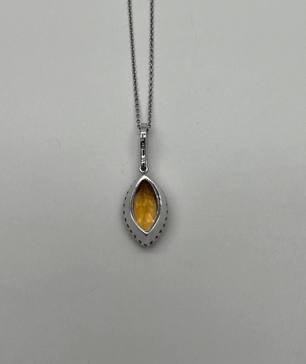 Marquise Cut Marquise Orange Amber Citrine Diamond Halo 14K White Gold Pendant Necklace For Sale