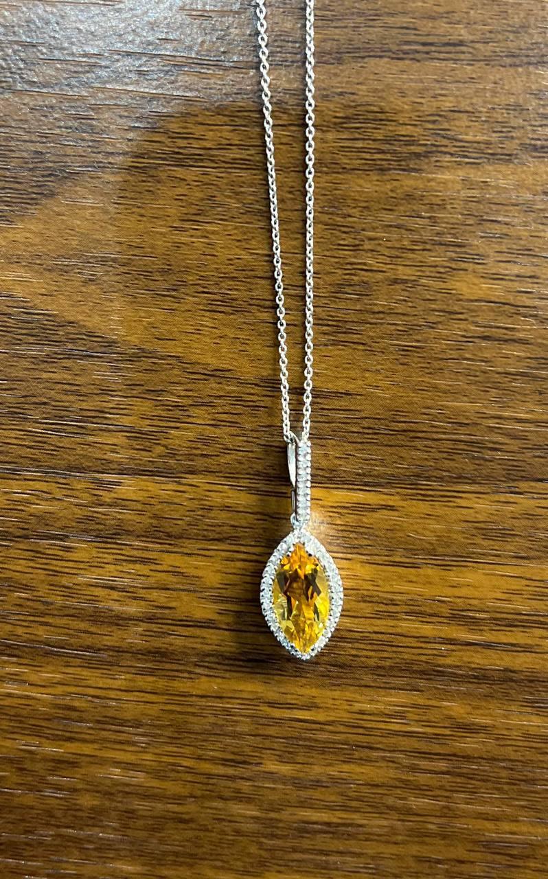Marquise Orange Amber Citrine Diamond Halo 14K White Gold Pendant Necklace In New Condition For Sale In Oakton, VA
