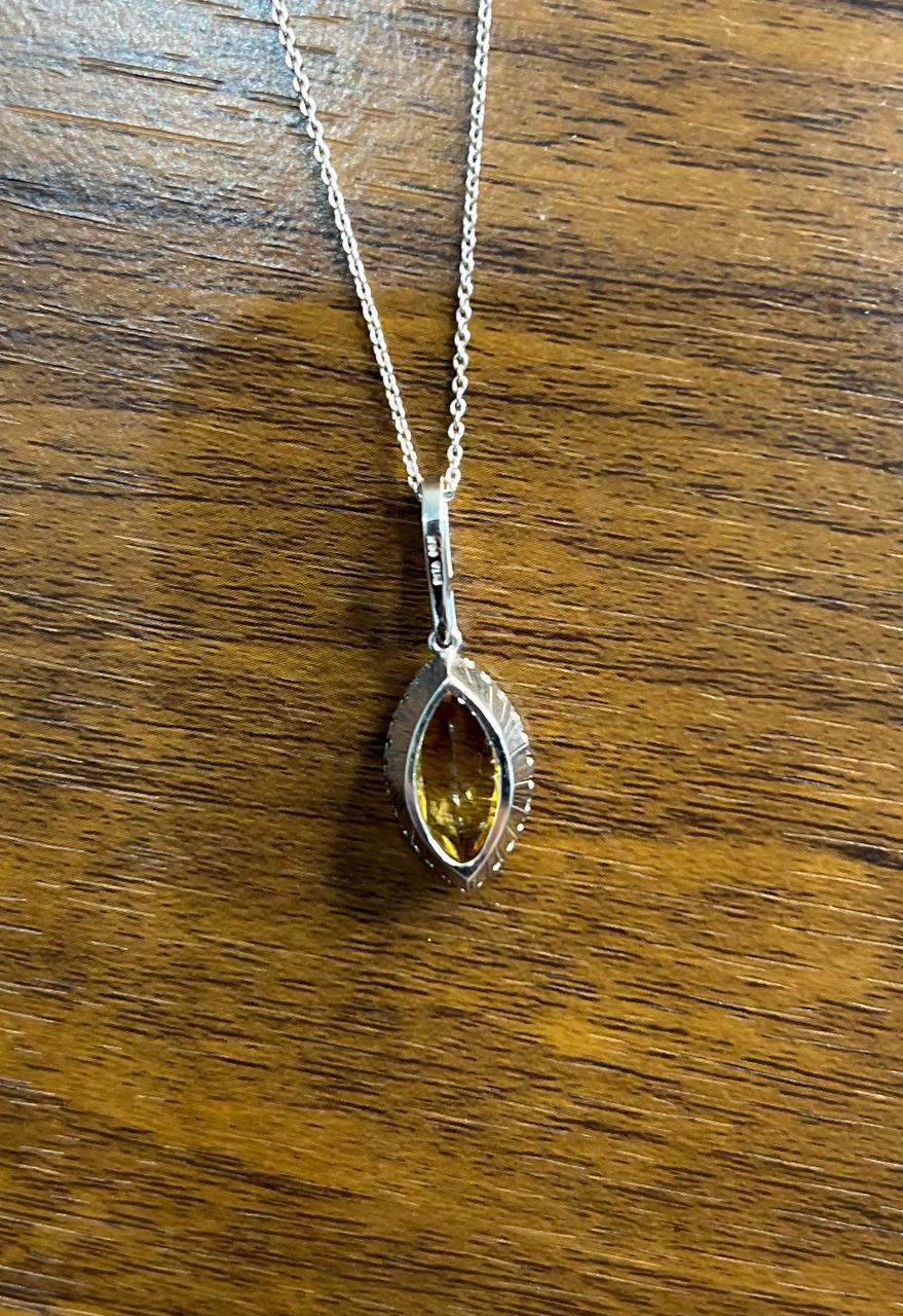 Women's Marquise Orange Amber Citrine Diamond Halo 14K White Gold Pendant Necklace For Sale