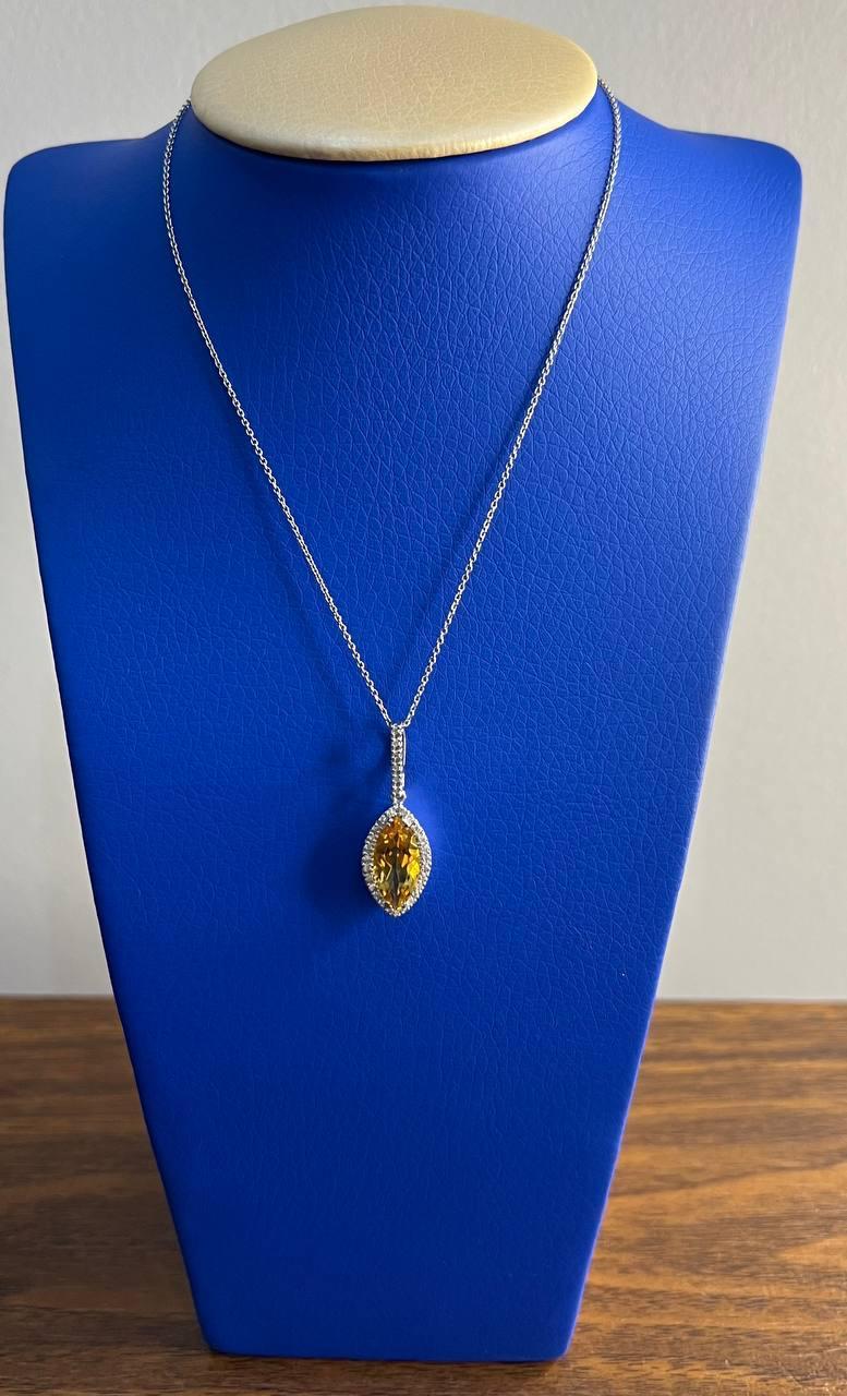 Marquise Orange Amber Citrine Diamond Halo 14K White Gold Pendant Necklace For Sale 1