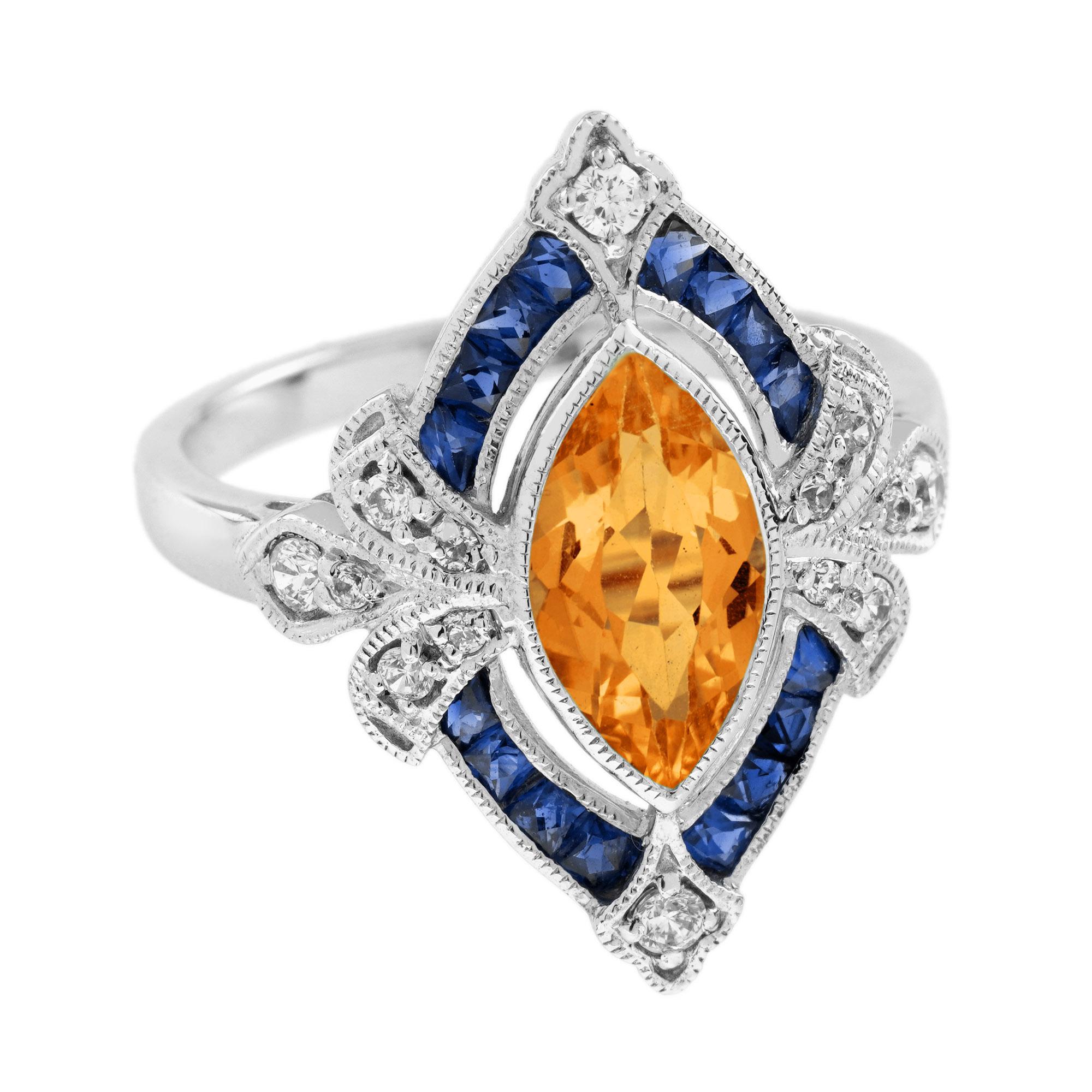 Eleva la tua eleganza con il nostro anello cocktail con diamante e zaffiro Citrino Marquise. Il radioso citrino con taglio a marquise è incorniciato da vibranti zaffiri e diamanti abbaglianti, creando un contrasto sorprendente. Ispirato al design