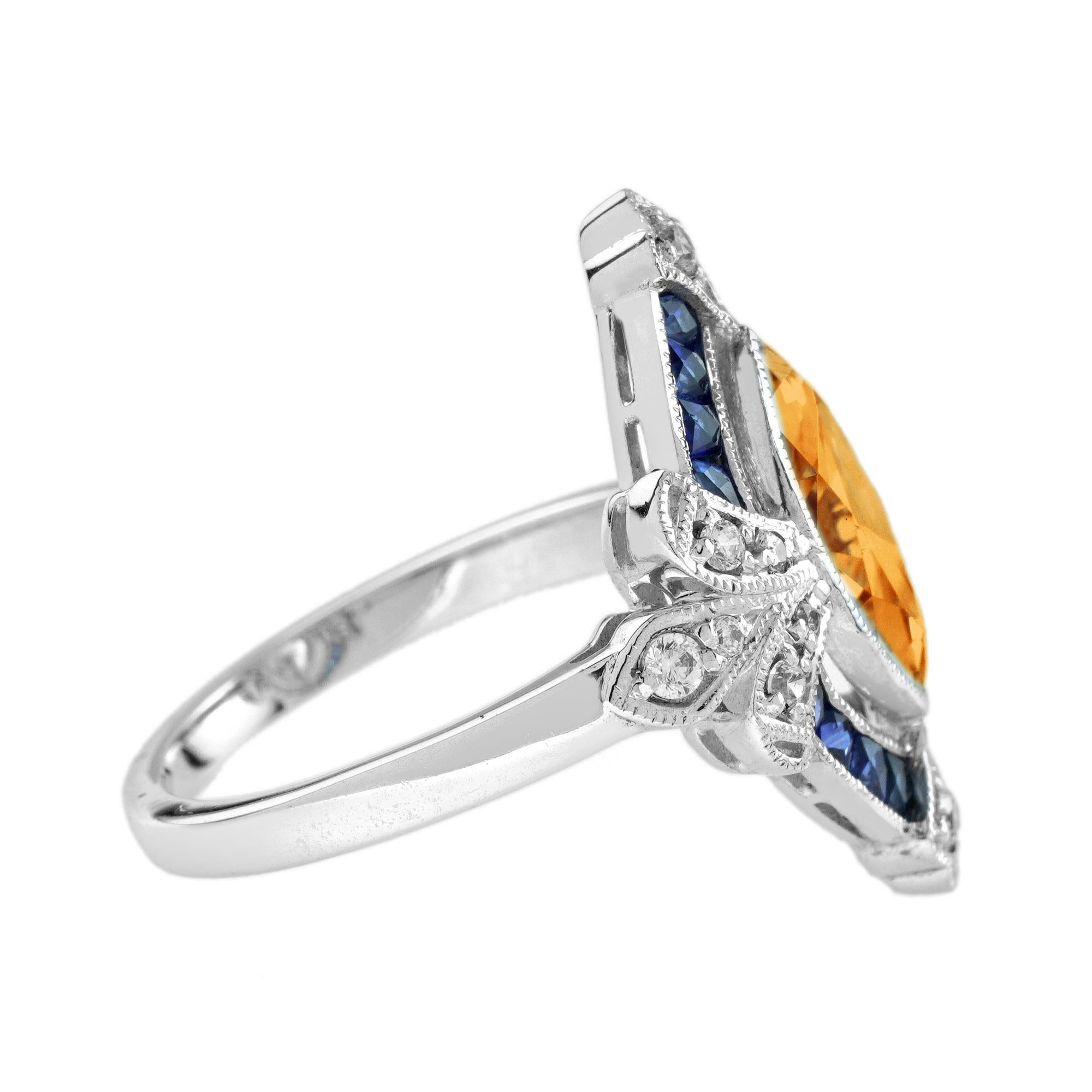 Vittoriano Anello in oro bianco stile vintage con citrino arancione e zaffiro blu in vendita
