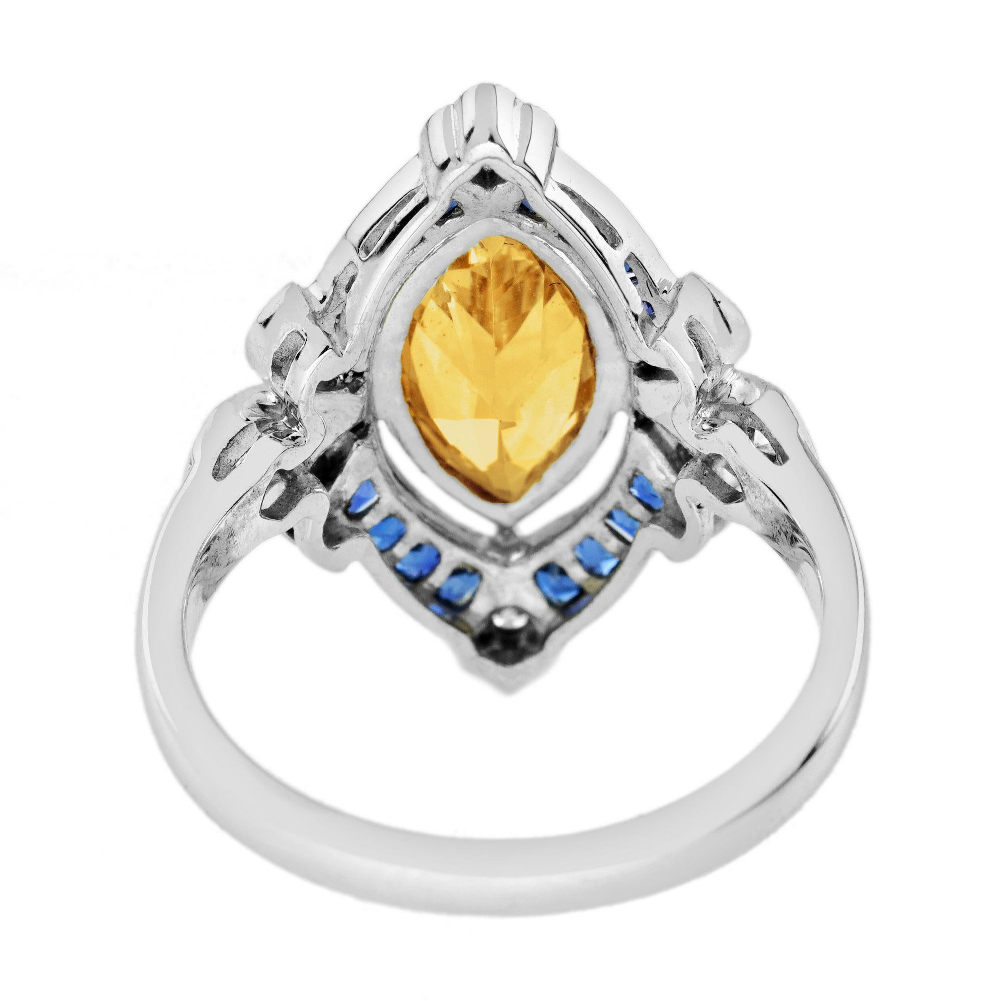 Taglio marquise Anello in oro bianco stile vintage con citrino arancione e zaffiro blu in vendita