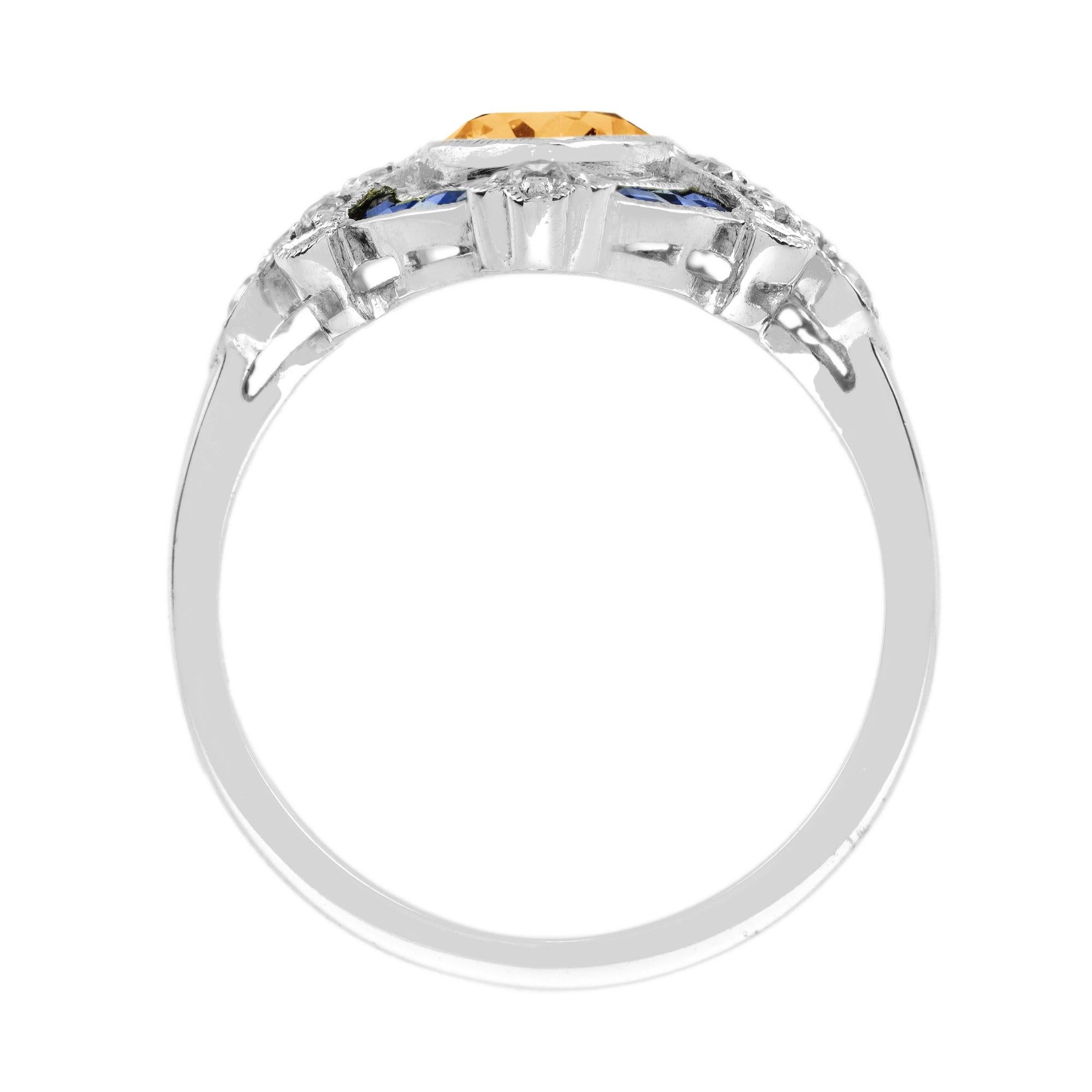 Anello in oro bianco stile vintage con citrino arancione e zaffiro blu In condizioni Nuovo in vendita a Oakton, VA