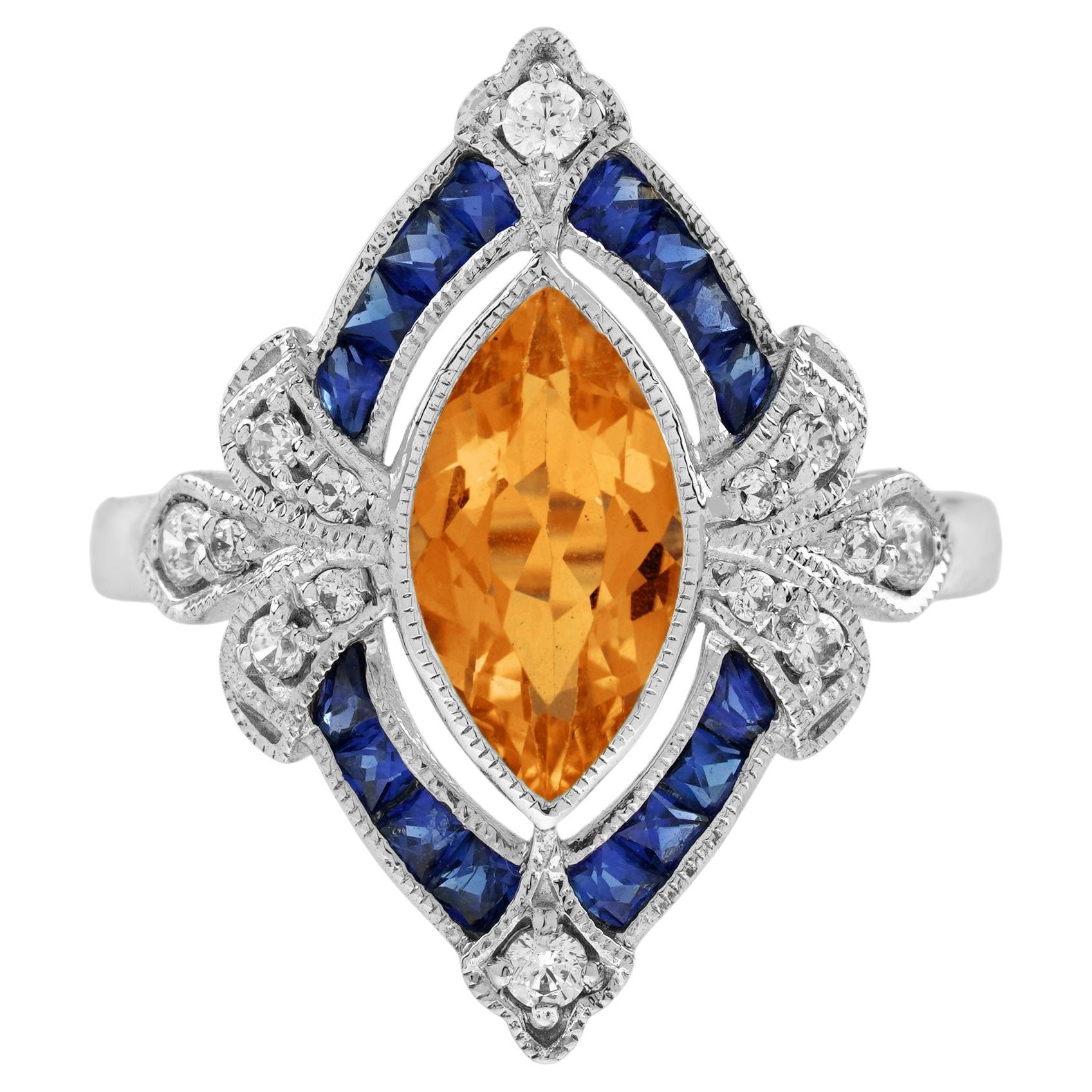 Marquise Orange Citrin & Blauer Saphir Diamant Vintage Style Weißgold Ring