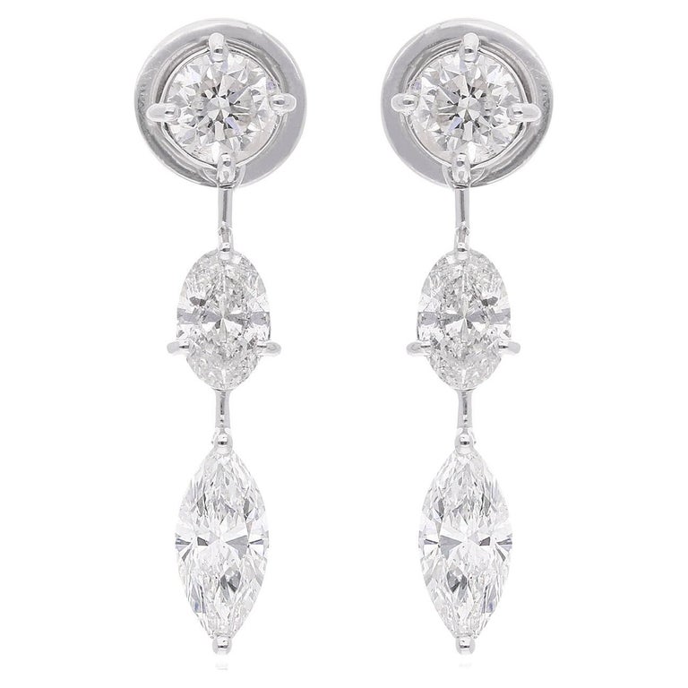 Marquise Oval and Round Diamond Dangle Earrings 18 Karat White Gold