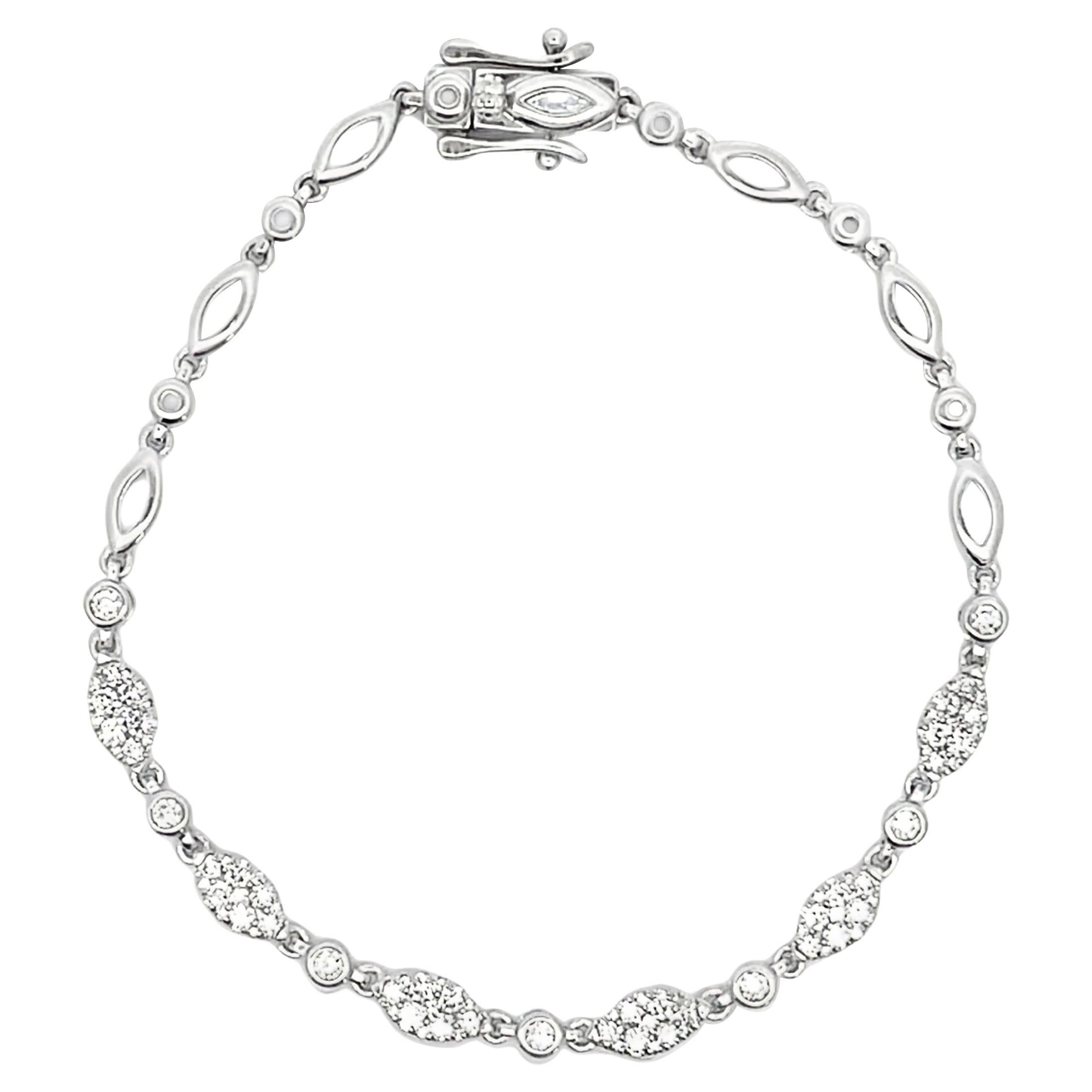 Marquise Pattern 1.22 Ct Diamond Bracelet in 14K White Gold, Double Safety Lock For Sale