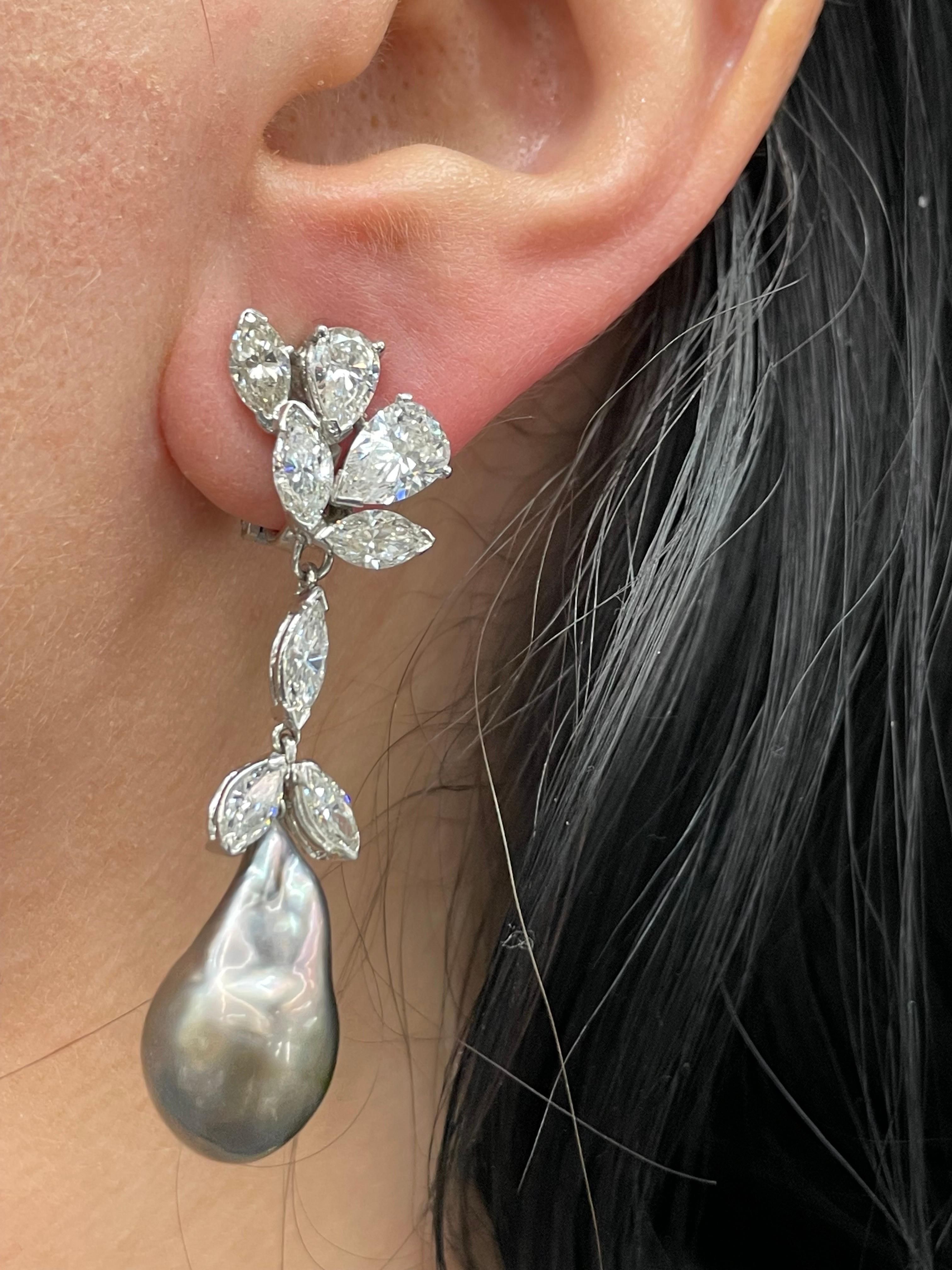 Marquise Pear Diamond Cluster Drop Earrings Baroque Tahitian & South Sea Pearl For Sale 2