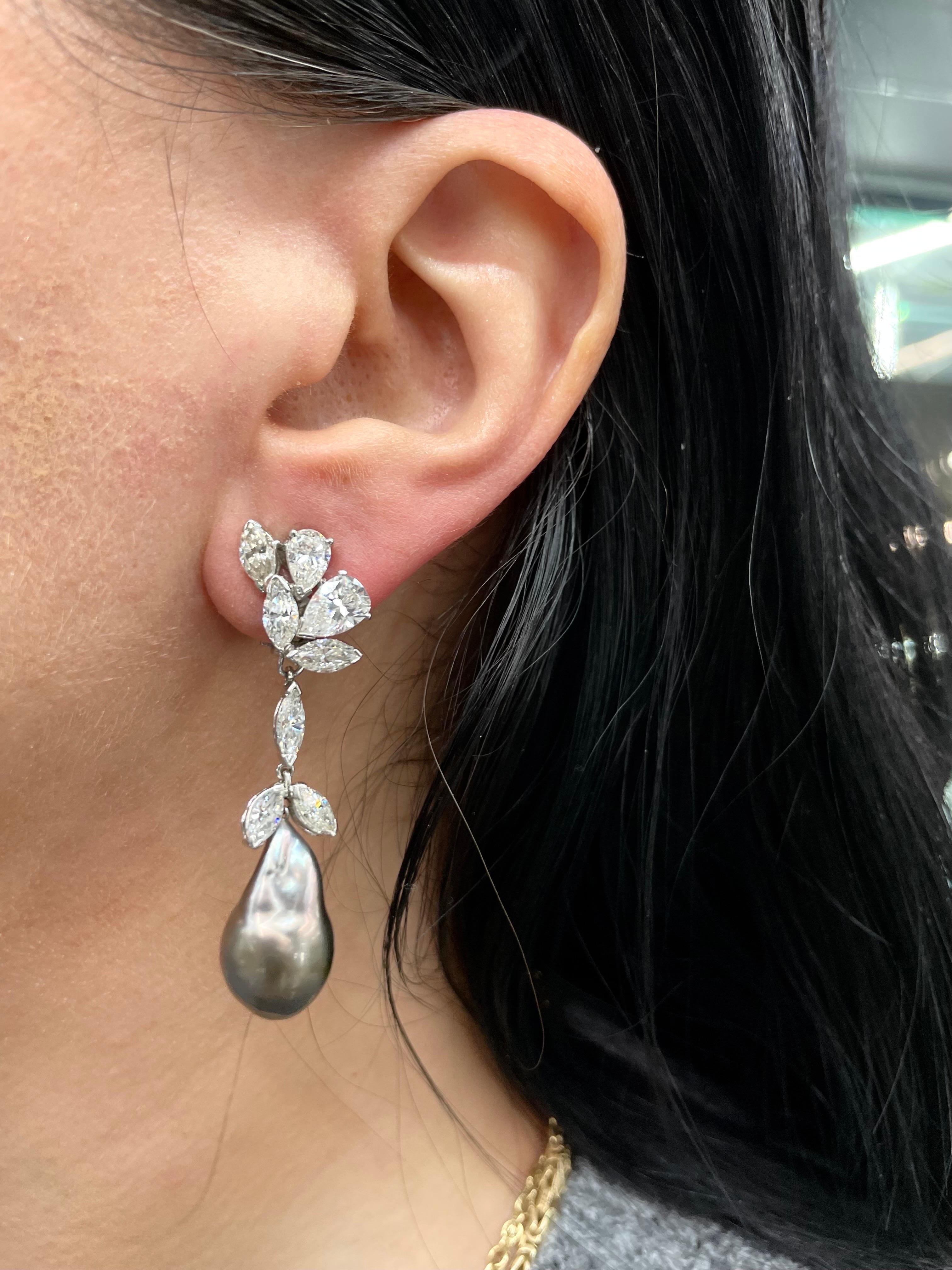 Marquise Pear Diamond Cluster Drop Earrings Baroque Tahitian & South Sea Pearl For Sale 3