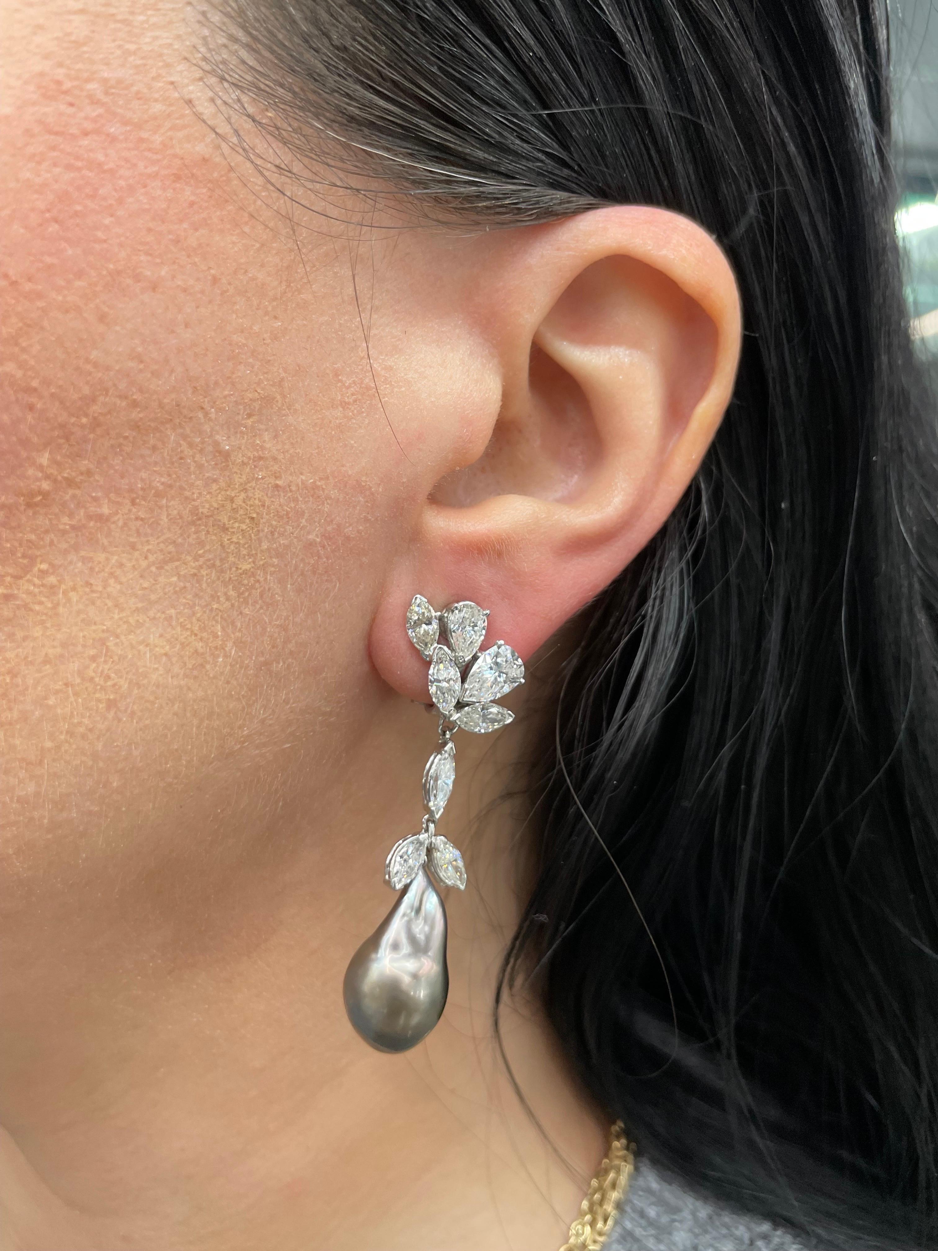 Marquise Birnen-Diamant-Cluster-Tropfen-Ohrringe aus Barock Tahiti- und Südseeperlen im Angebot 6