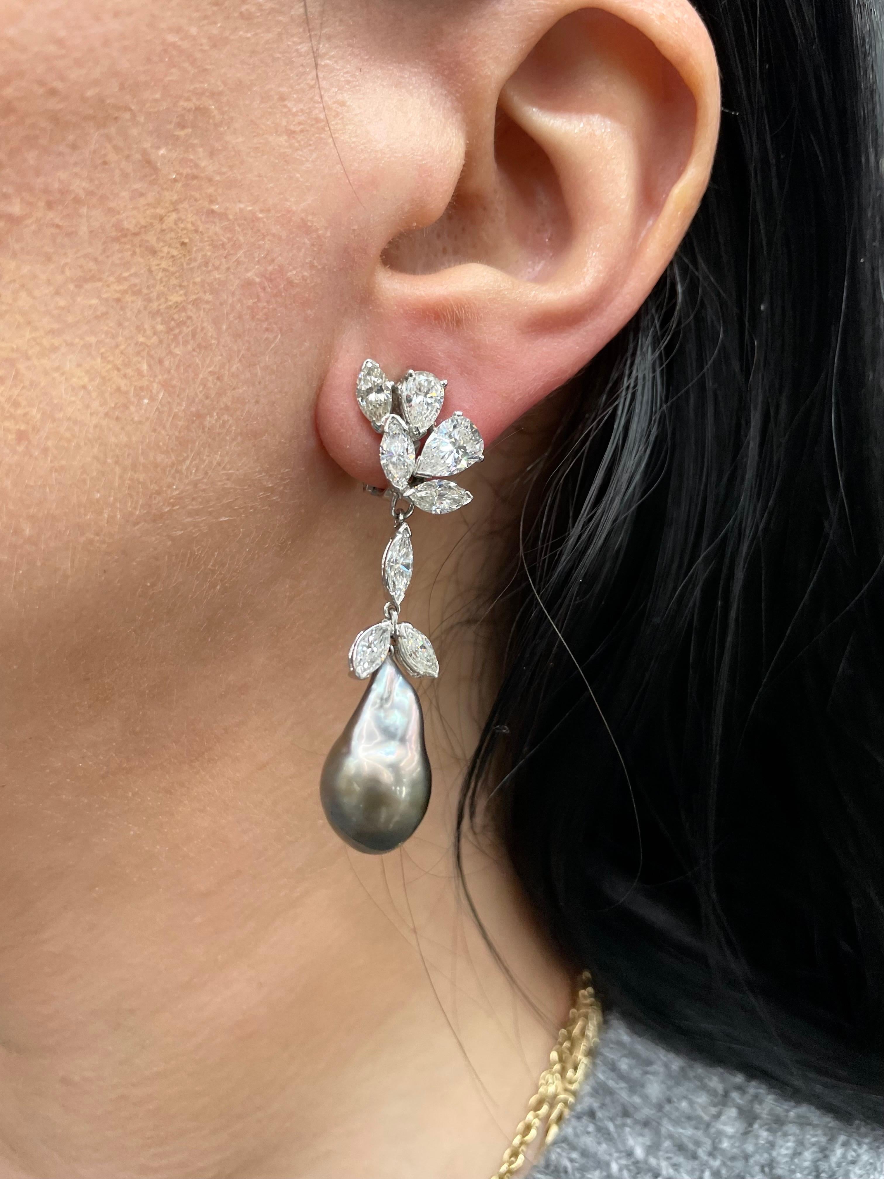 Marquise Pear Diamond Cluster Drop Earrings Baroque Tahitian & South Sea Pearl For Sale 5