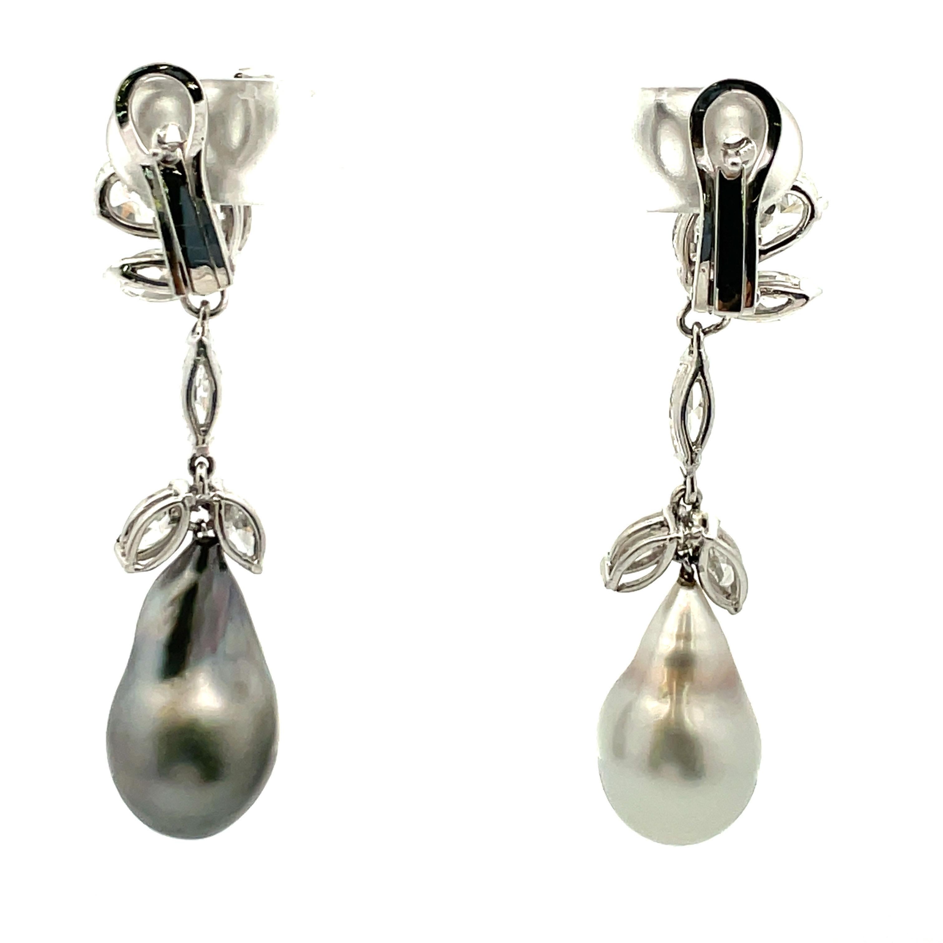 Marquise Pear Diamond Cluster Drop Earrings Baroque Tahitian & South Sea Pearl For Sale 6