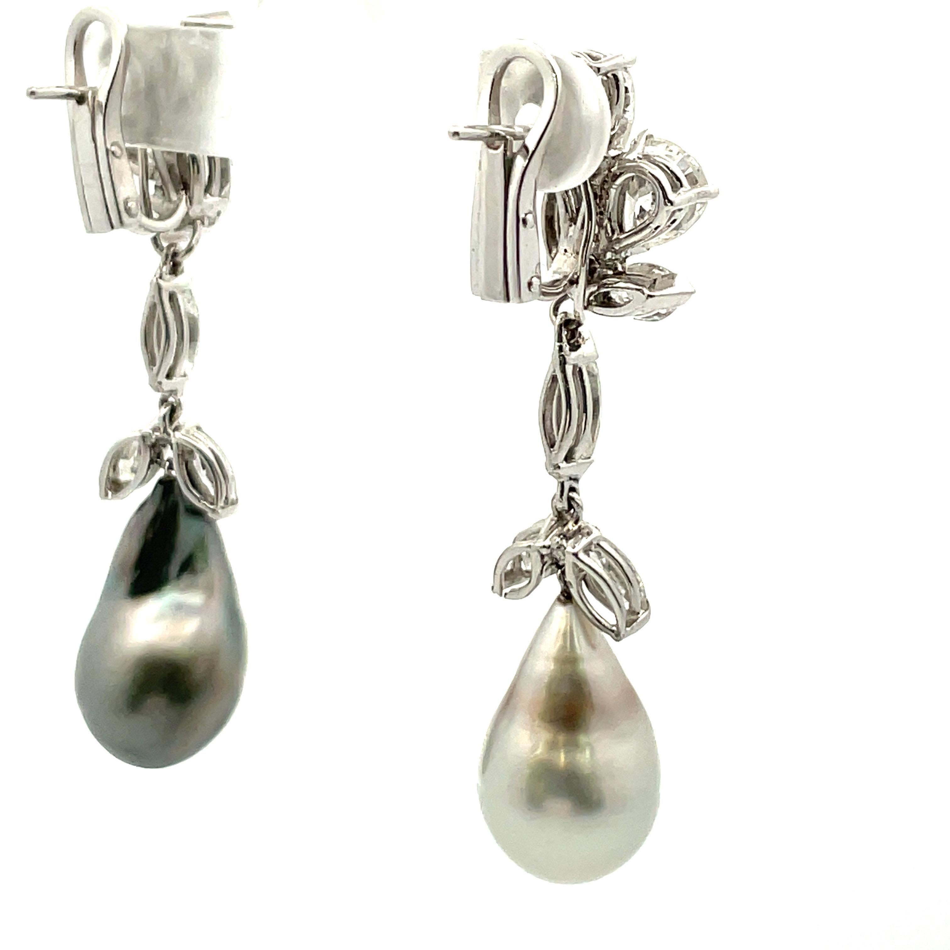 Contemporary Marquise Pear Diamond Cluster Drop Earrings Baroque Tahitian & South Sea Pearl For Sale