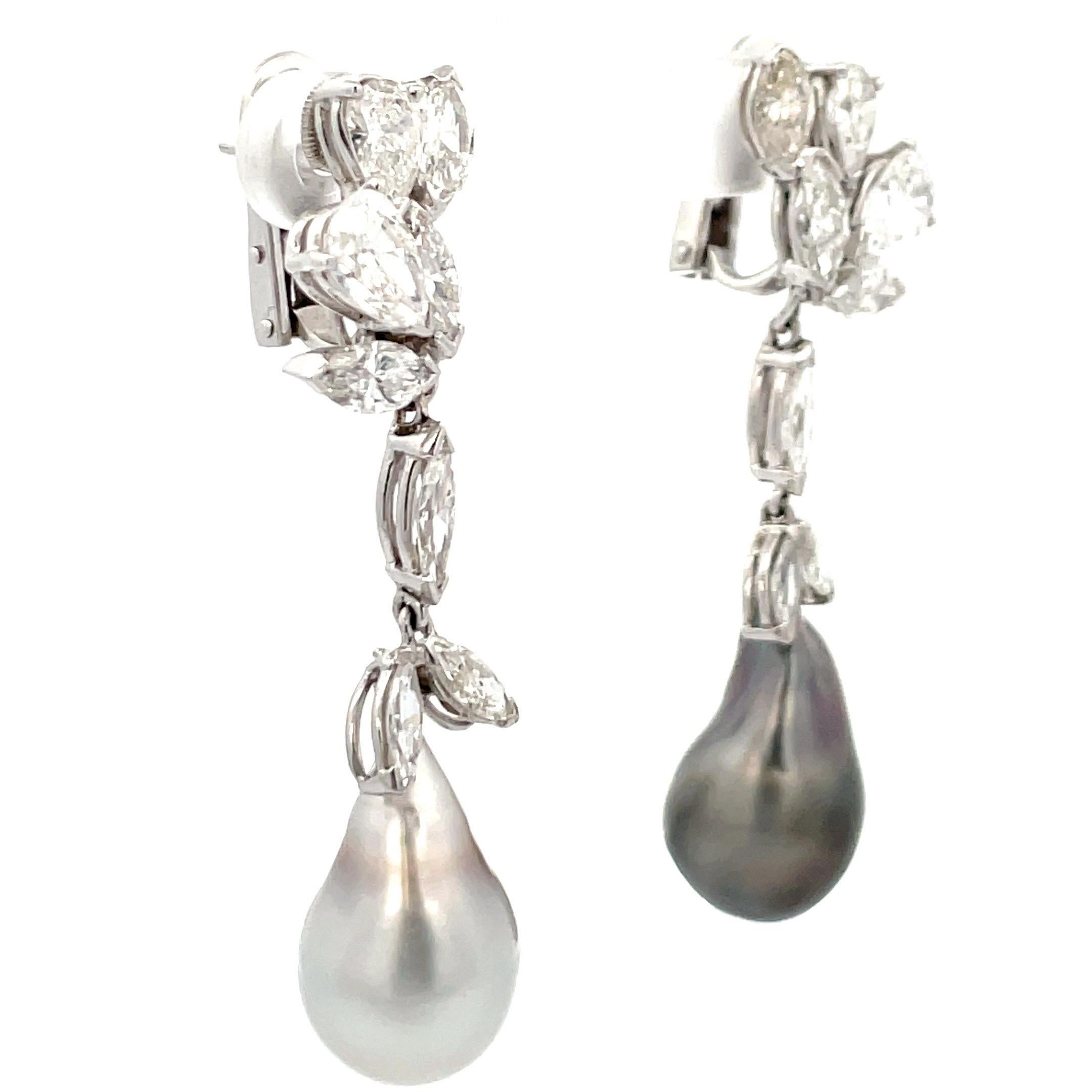 Pear Cut Marquise Pear Diamond Cluster Drop Earrings Baroque Tahitian & South Sea Pearl For Sale