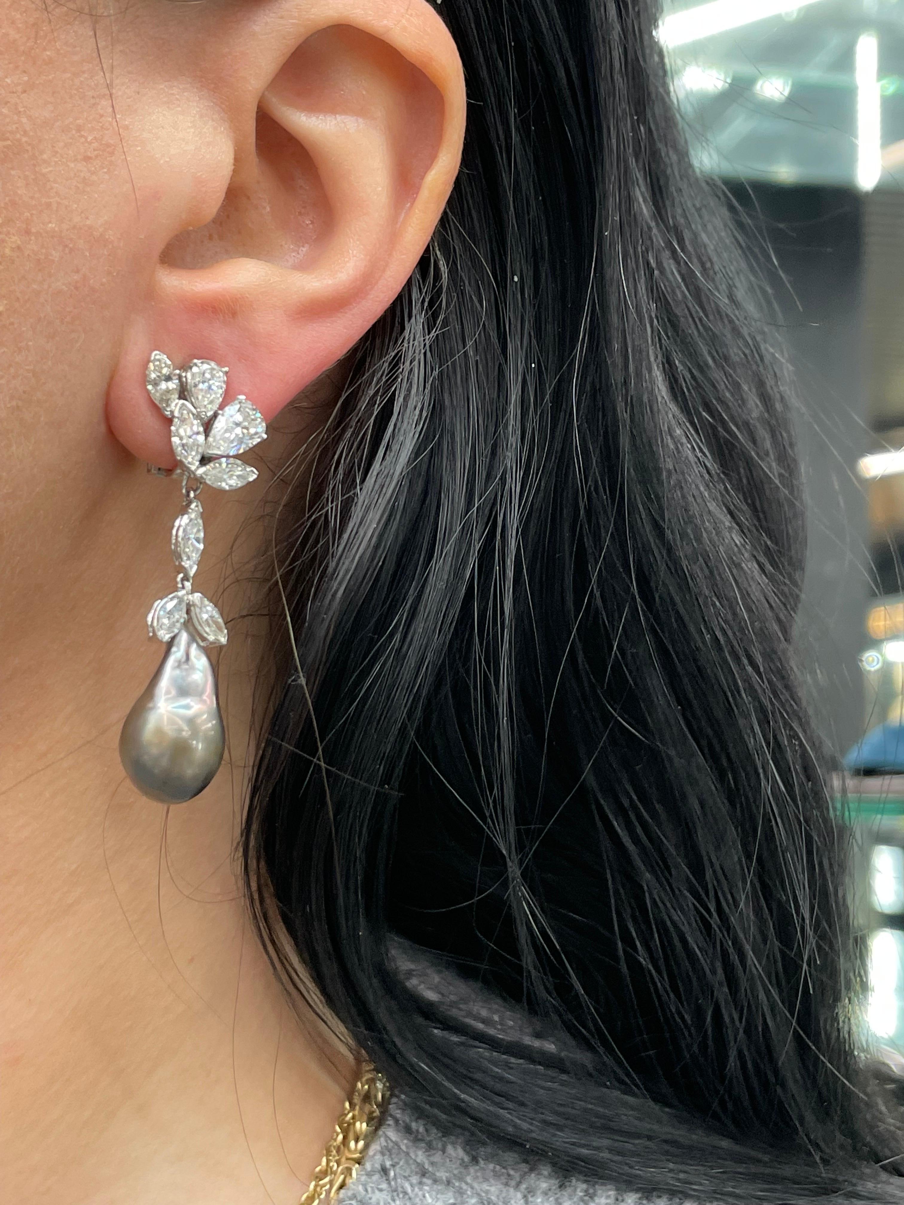Marquise Pear Diamond Cluster Drop Earrings Baroque Tahitian & South Sea Pearl In Excellent Condition For Sale In New York, NY