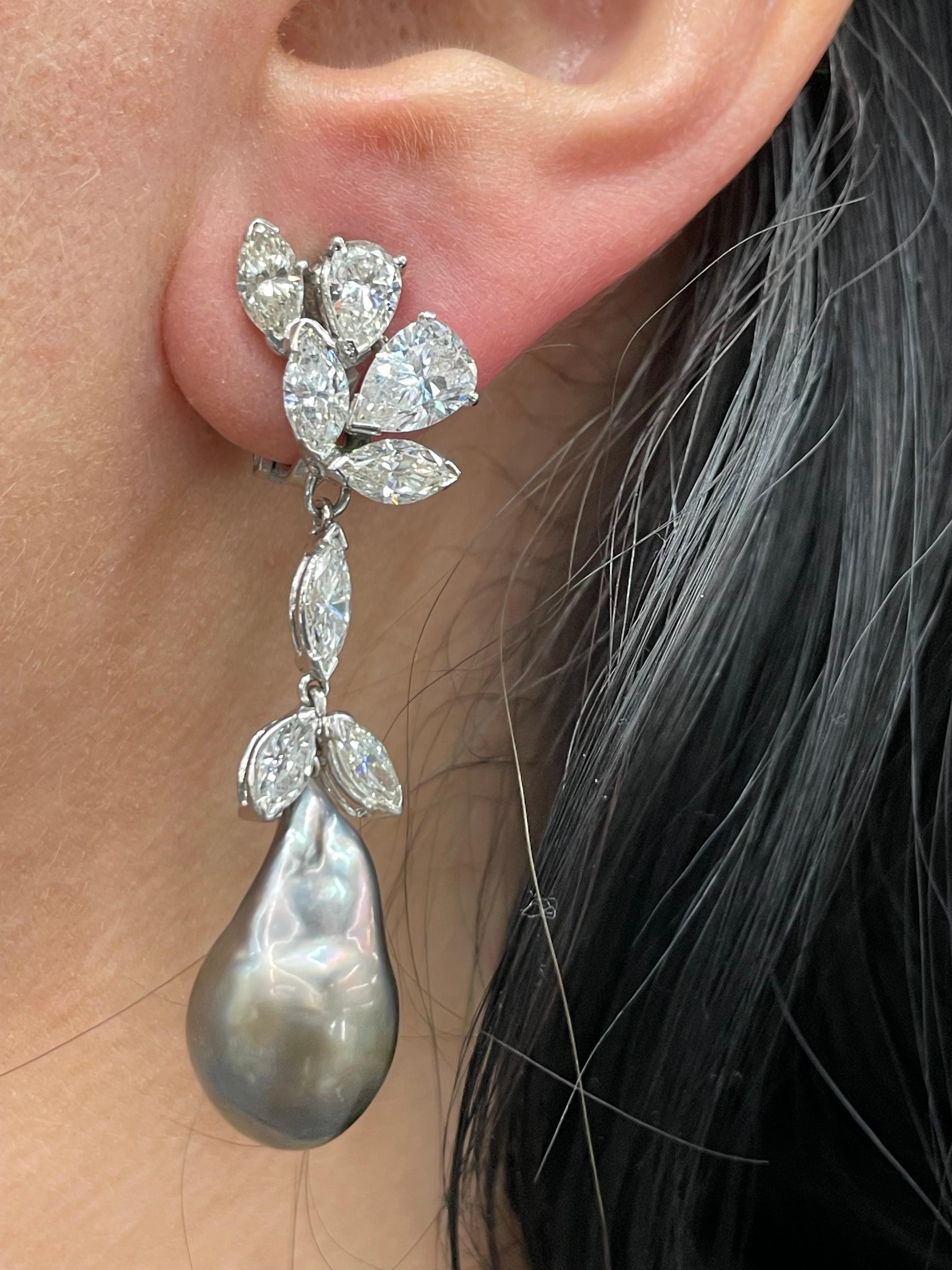 Women's Marquise Pear Diamond Cluster Drop Earrings Baroque Tahitian & South Sea Pearl For Sale