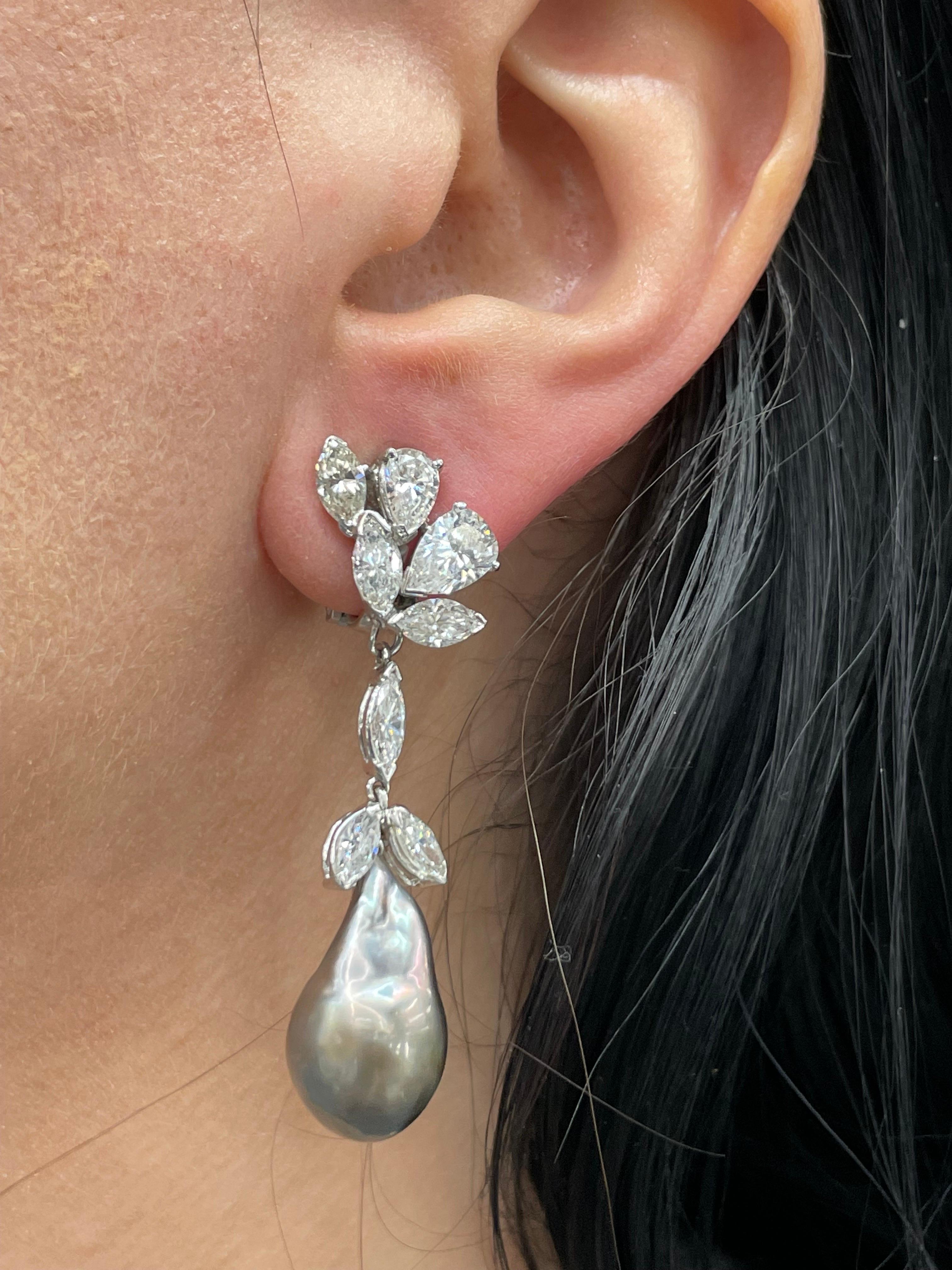 Marquise Pear Diamond Cluster Drop Earrings Baroque Tahitian & South Sea Pearl For Sale 1