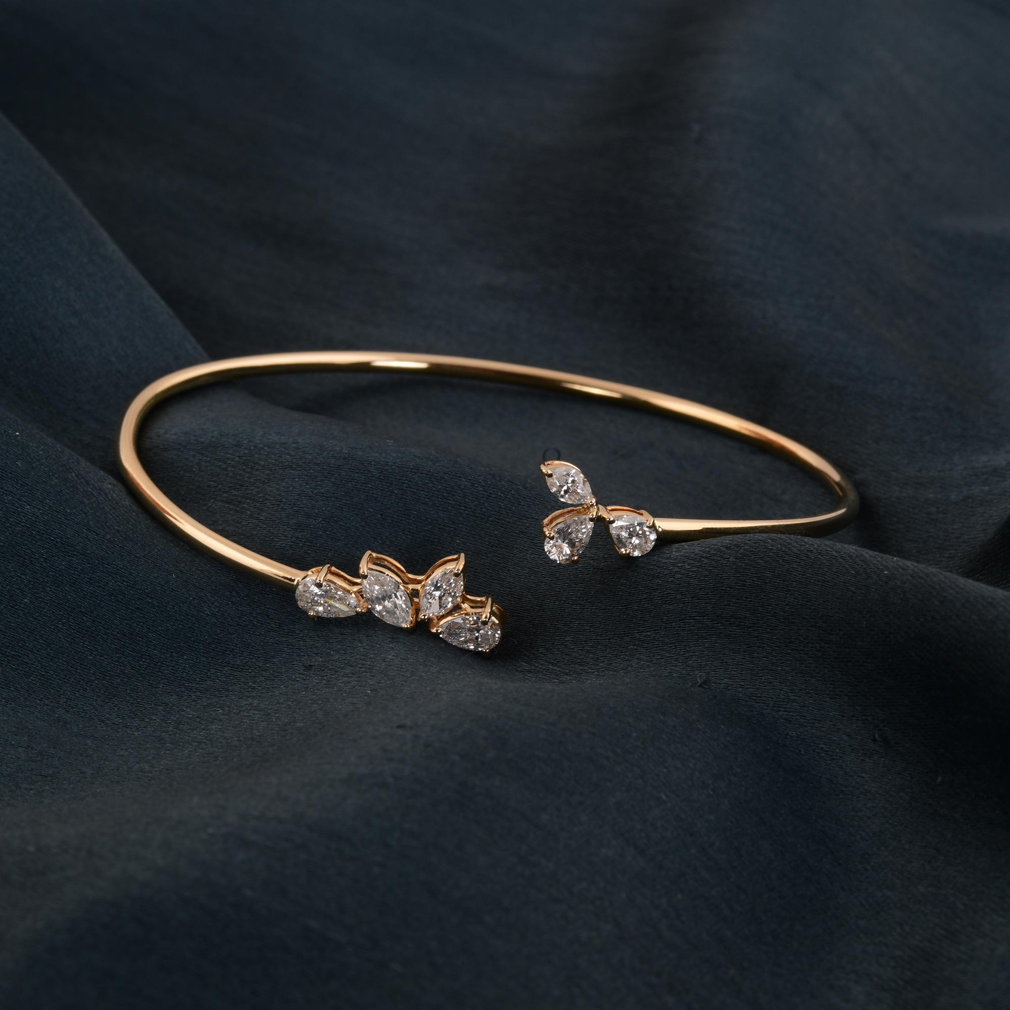 Modern Marquise & Pear Diamond Cuff Bangle Bracelet 14 Karat Yellow Gold Fine Jewelry For Sale