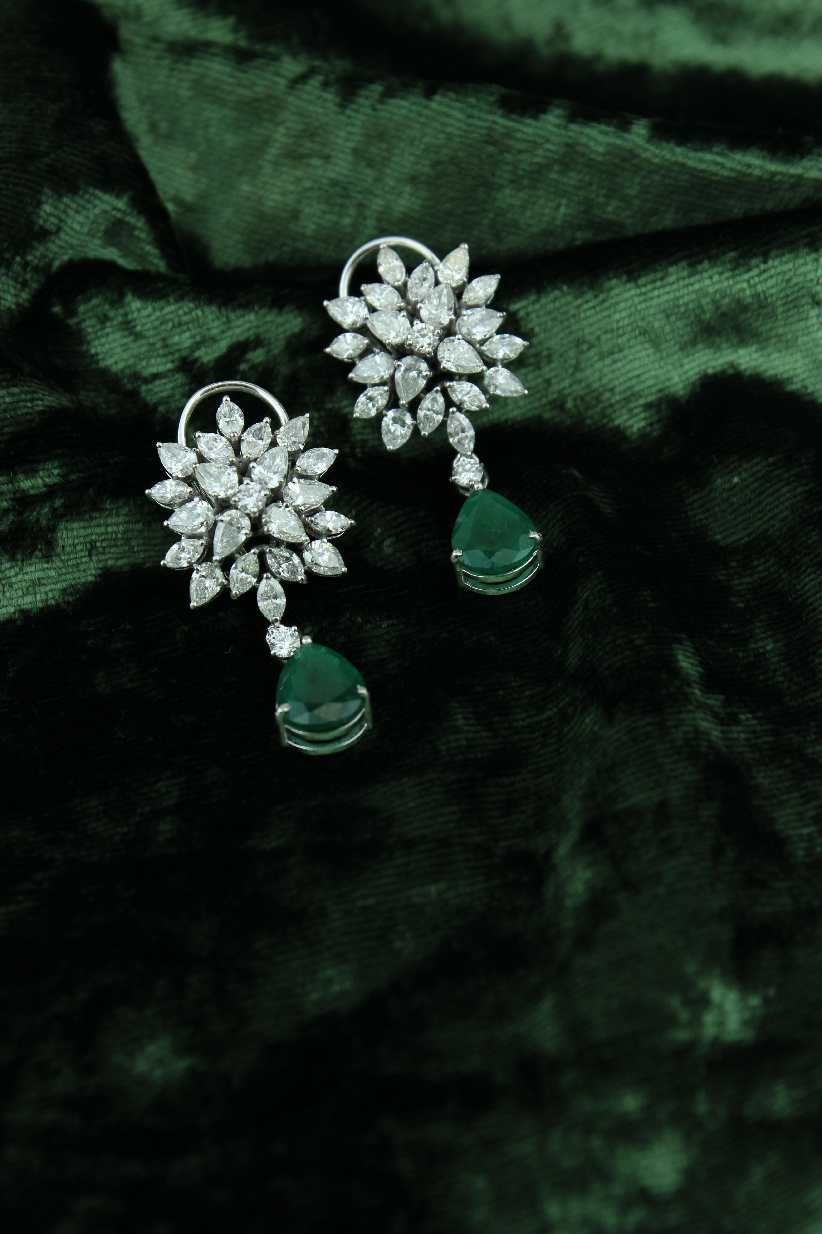 Emerald Cut Marquise & Pear Diamond Earrings with an Emerald Drop in 18k Solid Gold For Sale