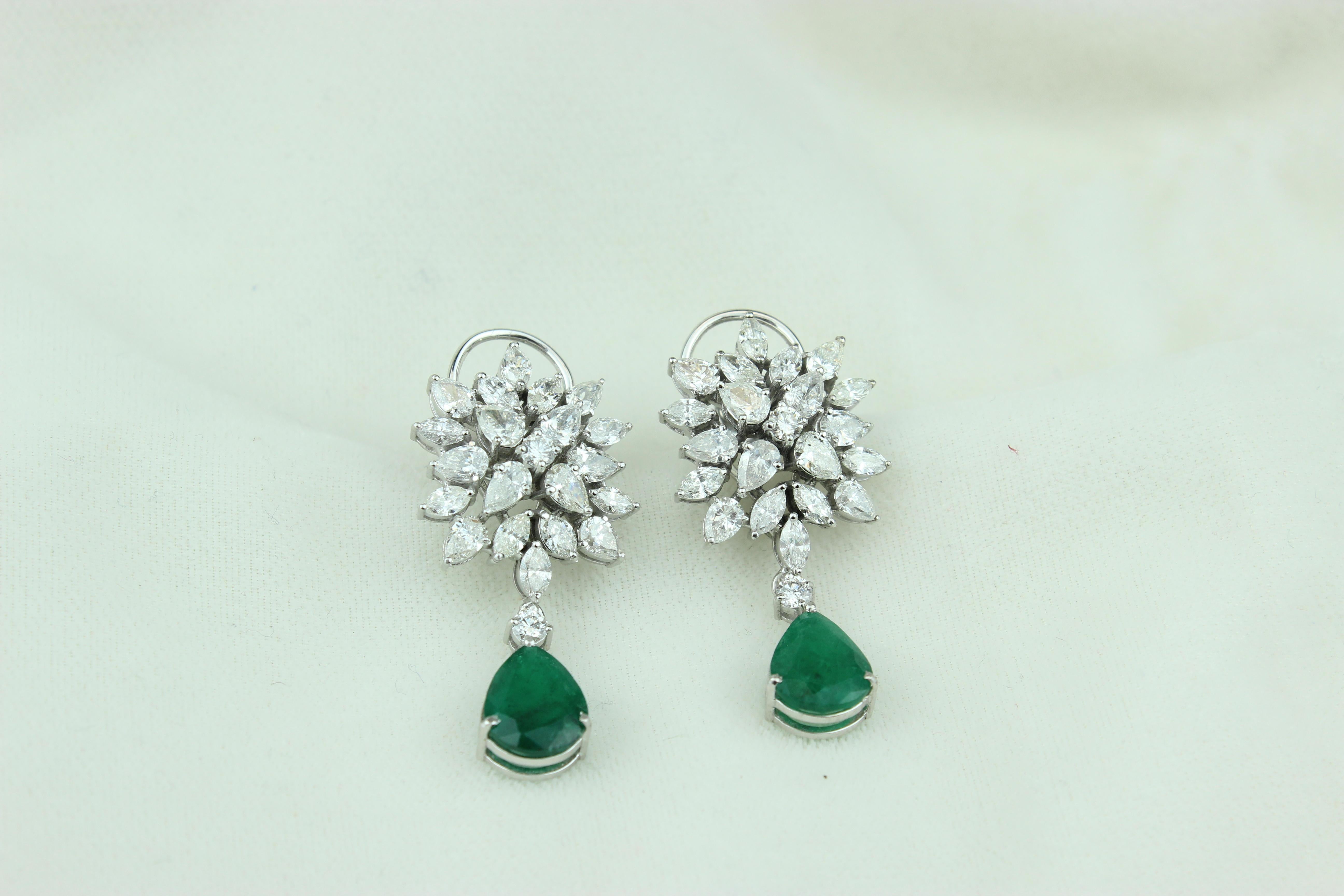 Women's Marquise & Pear Diamond Earrings with an Emerald Drop in 18k Solid Gold For Sale