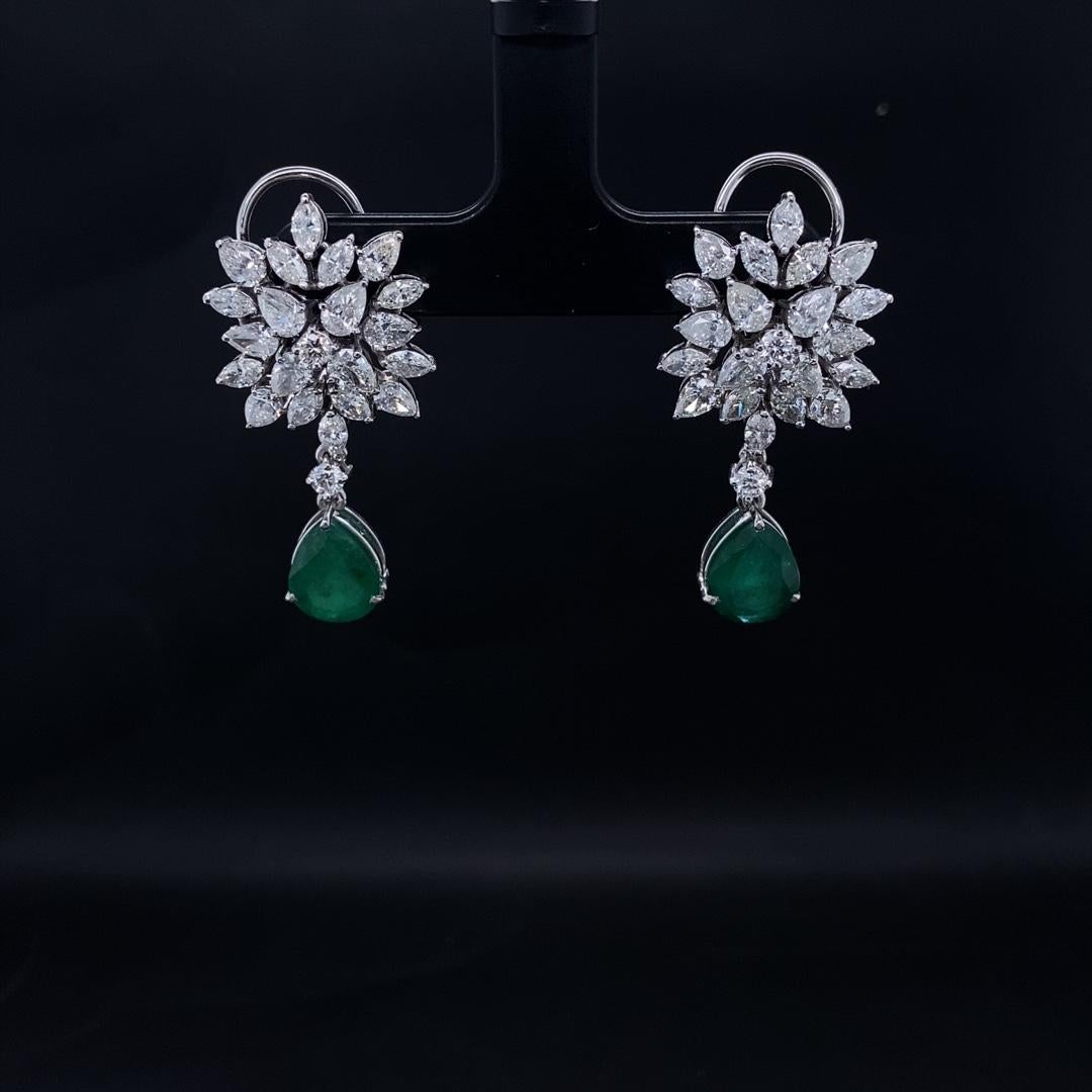 Marquise & Pear Diamond Earrings with an Emerald Drop in 18k Solid Gold For Sale 1