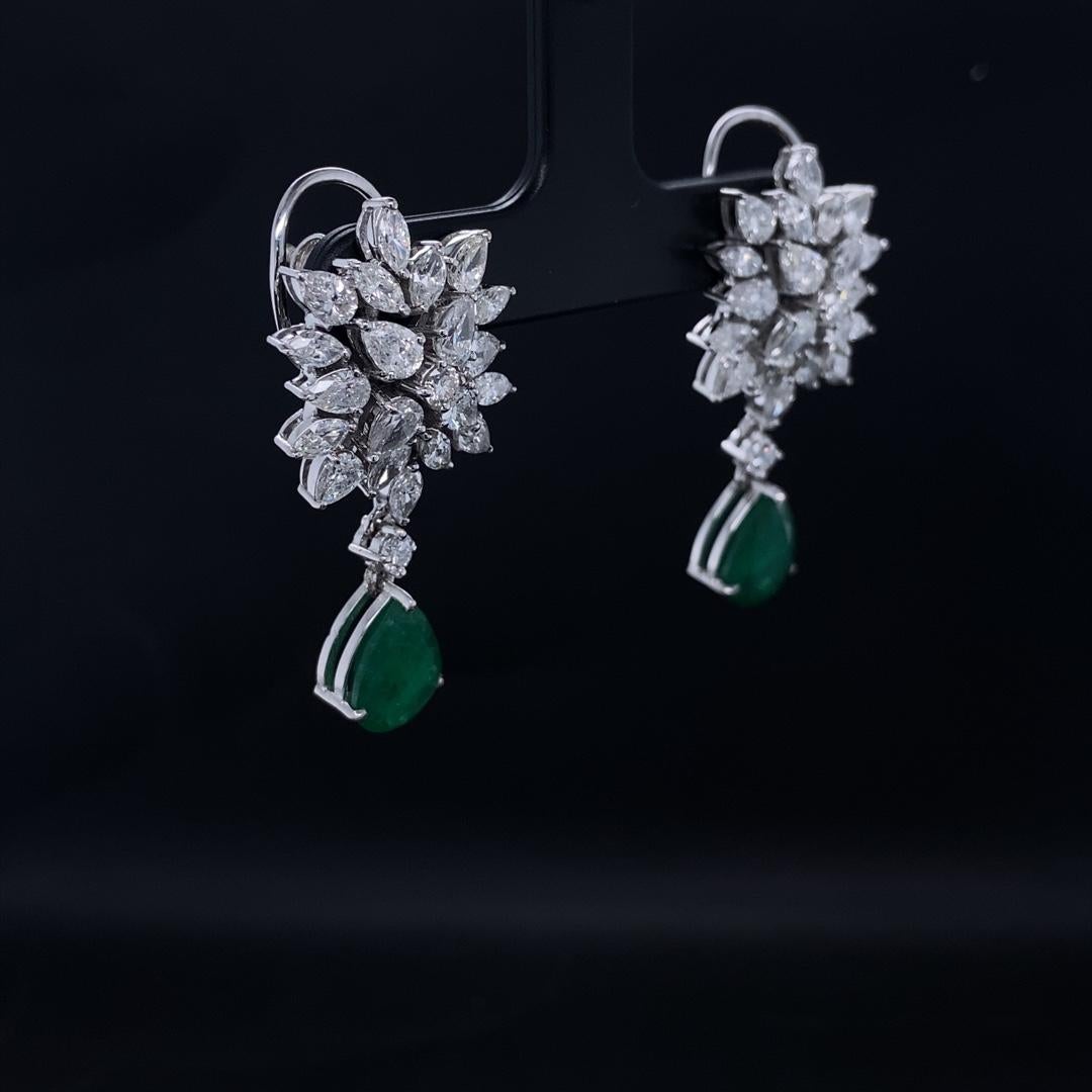 Marquise & Pear Diamond Earrings with an Emerald Drop in 18k Solid Gold For Sale 2