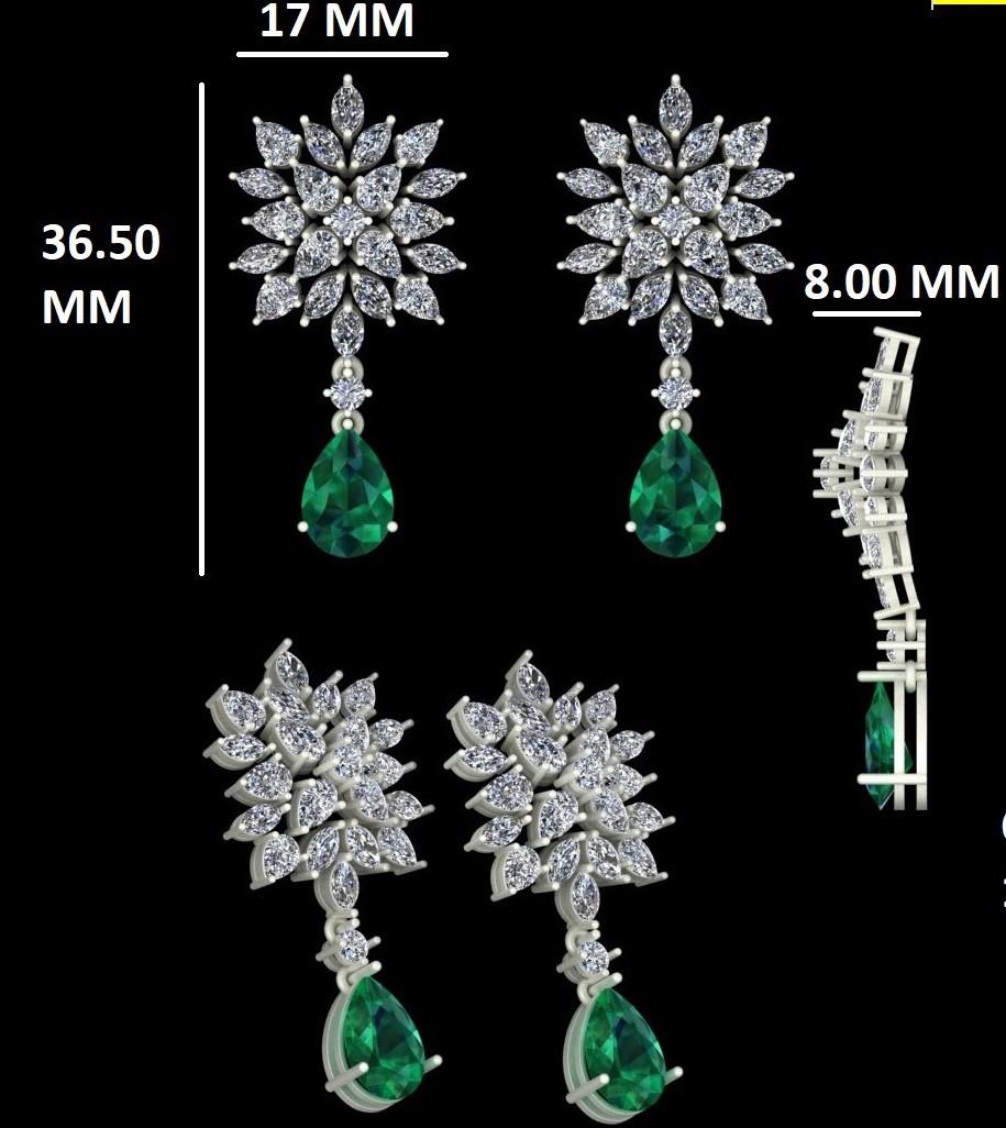Marquise & Pear Diamond Earrings with an Emerald Drop in 18k Solid Gold For Sale 3