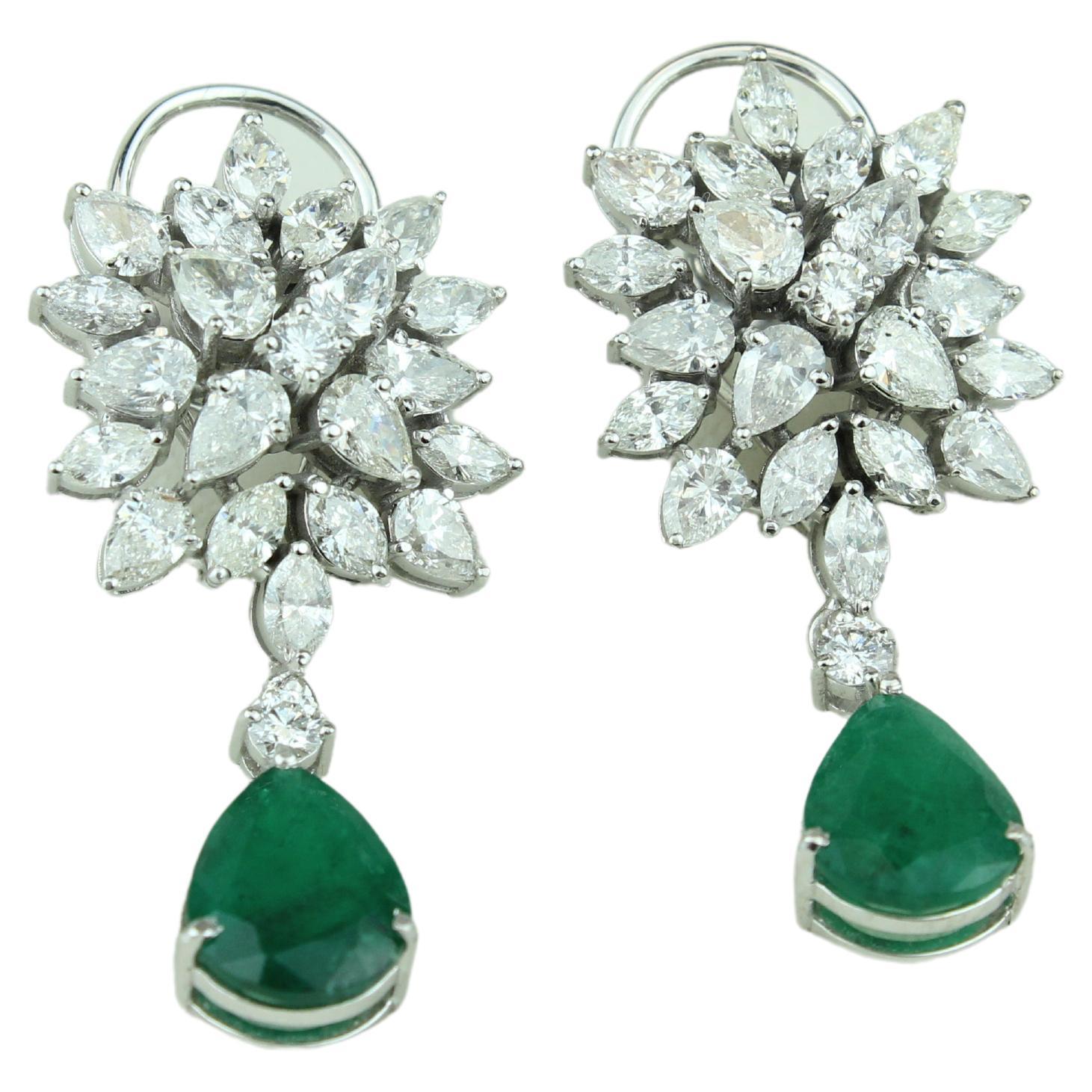 Marquise & Pear Diamond Earrings with an Emerald Drop in 18k Solid Gold