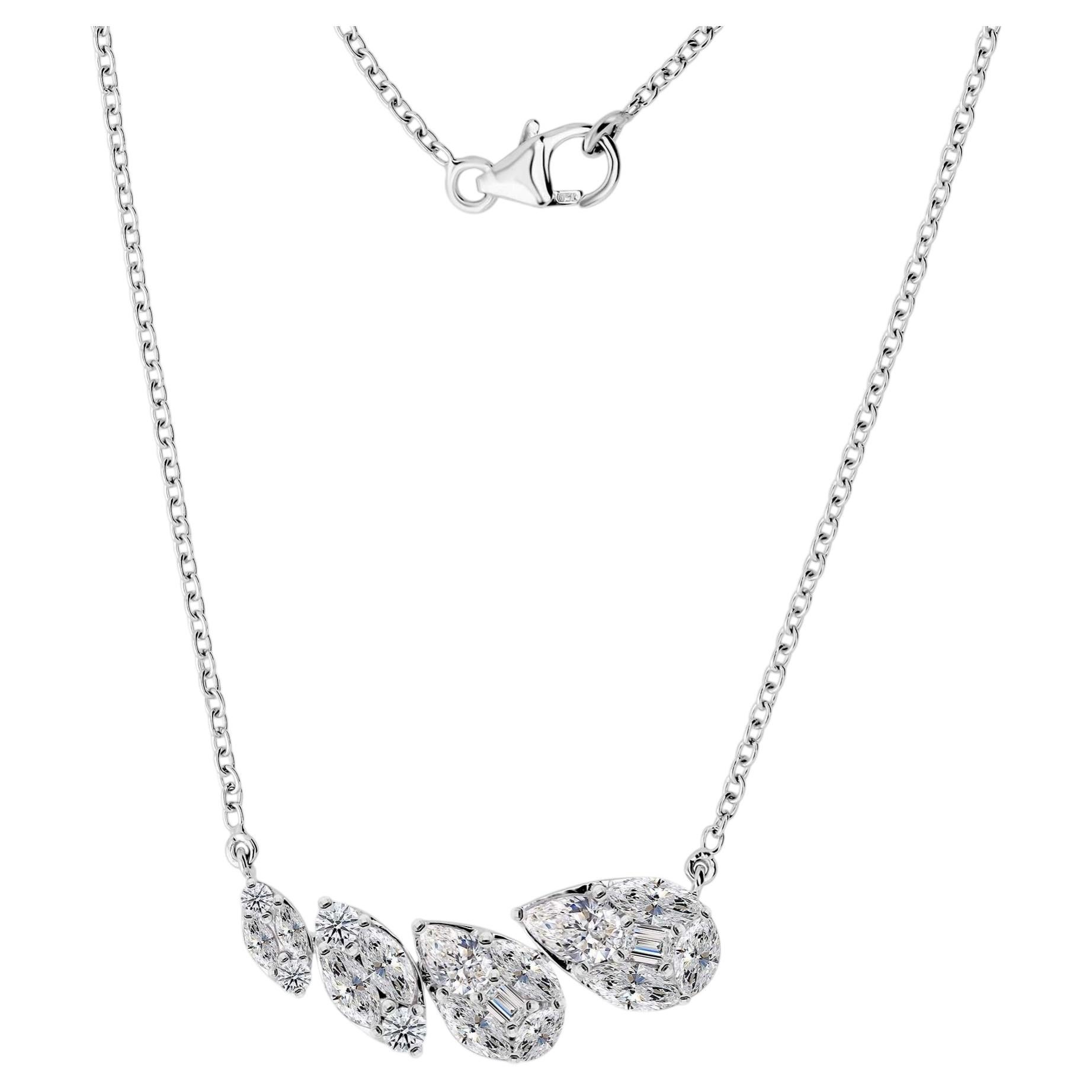 18K White Gold 1.79ct Natural Diamond Cluster Bar Necklace, Anniversary Gift Set