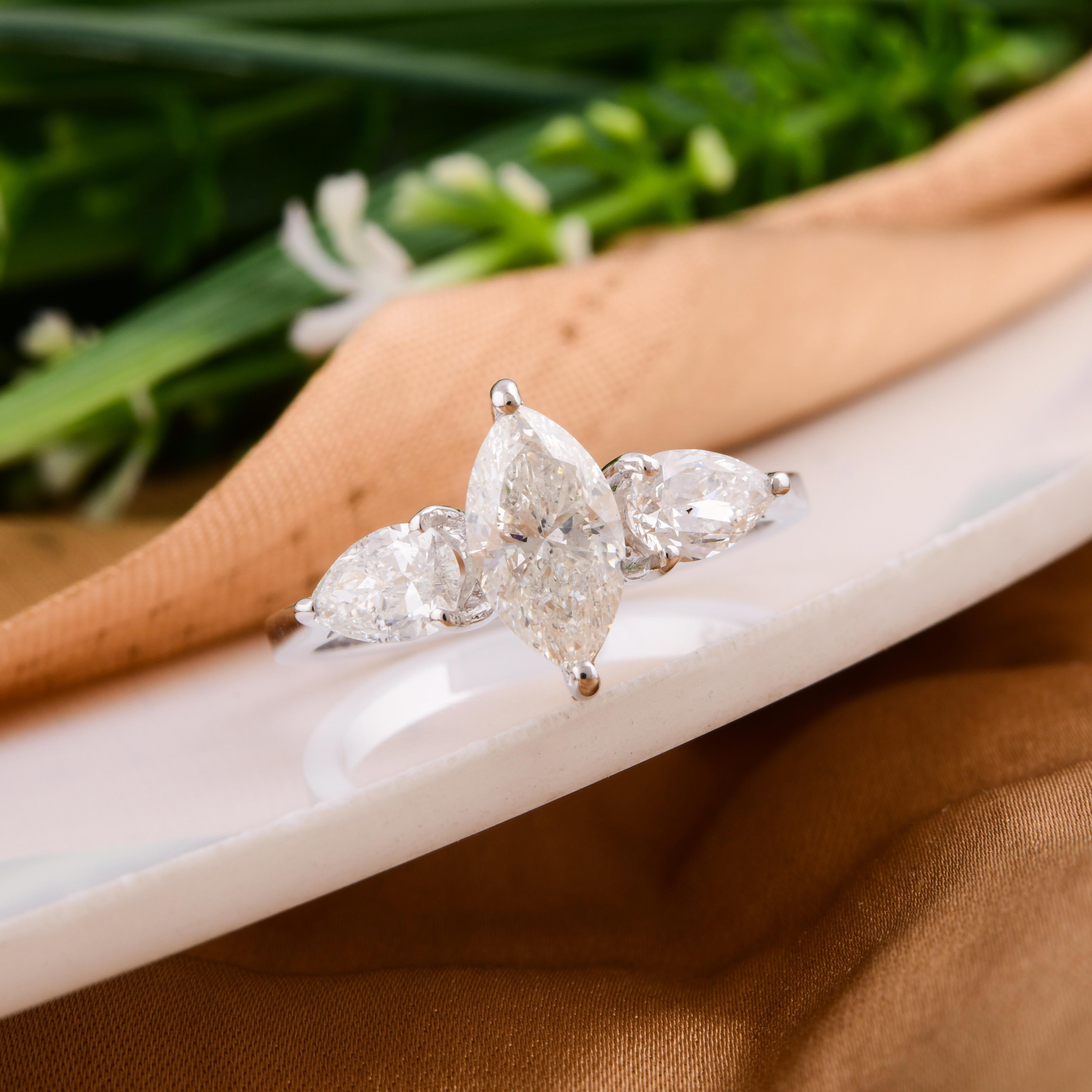 Modern Marquise & Pear Diamond Promise Ring 14 Karat White Gold Handmade Fine Jewelry For Sale