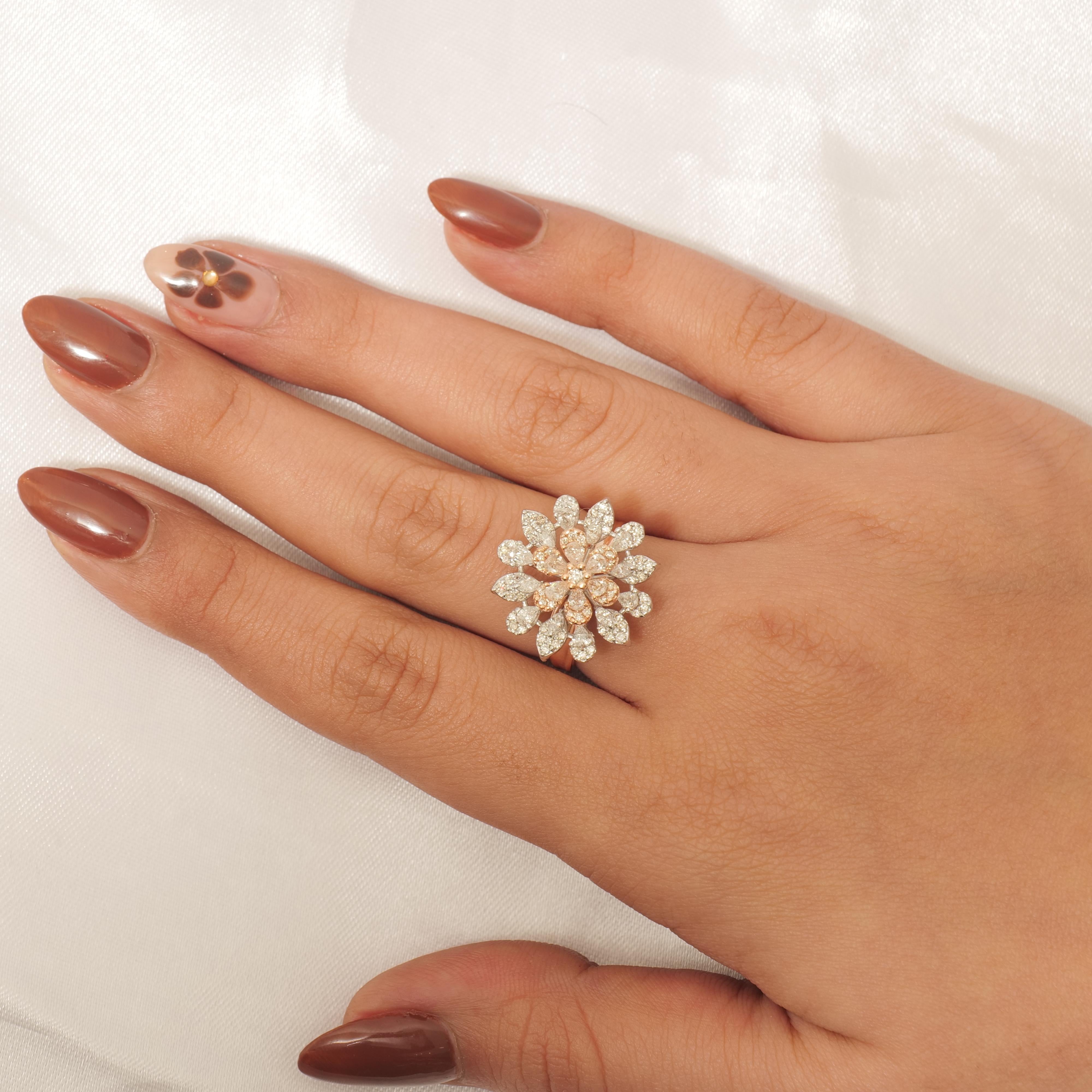 Marquise & Birne Diamanten Blume Diamant-Ring in 14K Solid Gold (zertifiziert) (Rundschliff) im Angebot