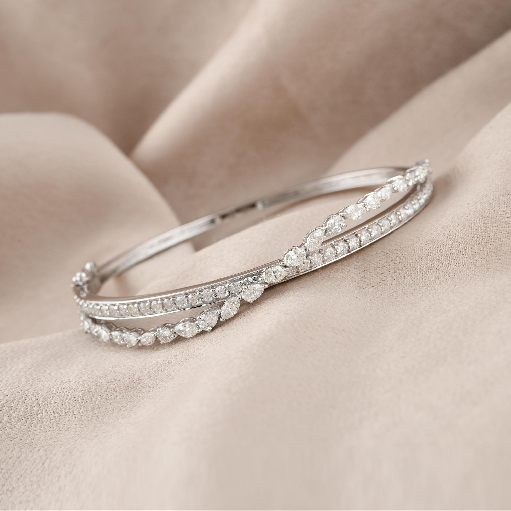 Modern Marquise Pear Round Diamond Criss Cross Bangle Fine Bracelet 18 Karat White Gold For Sale