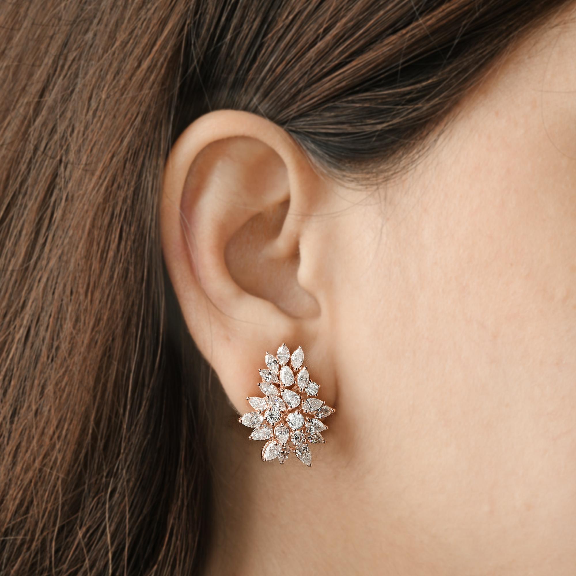 Pear Cut Marquise Pear & Round Diamond Earrings 18 Karat Rose Gold Handmade Fine Jewelry For Sale