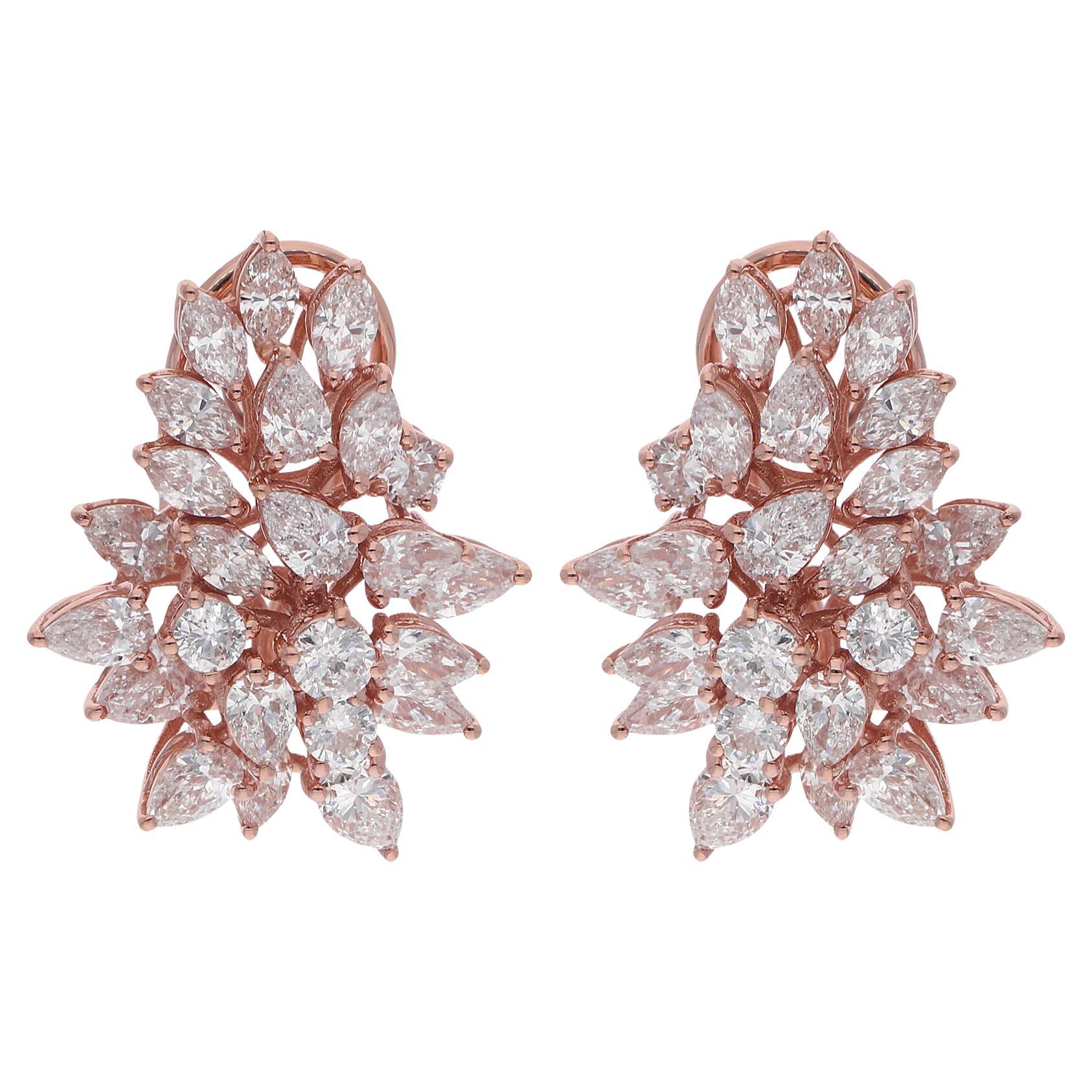 Orecchini con pera e diamante rotondo Marquise in oro rosa 18 carati, fatti a mano.